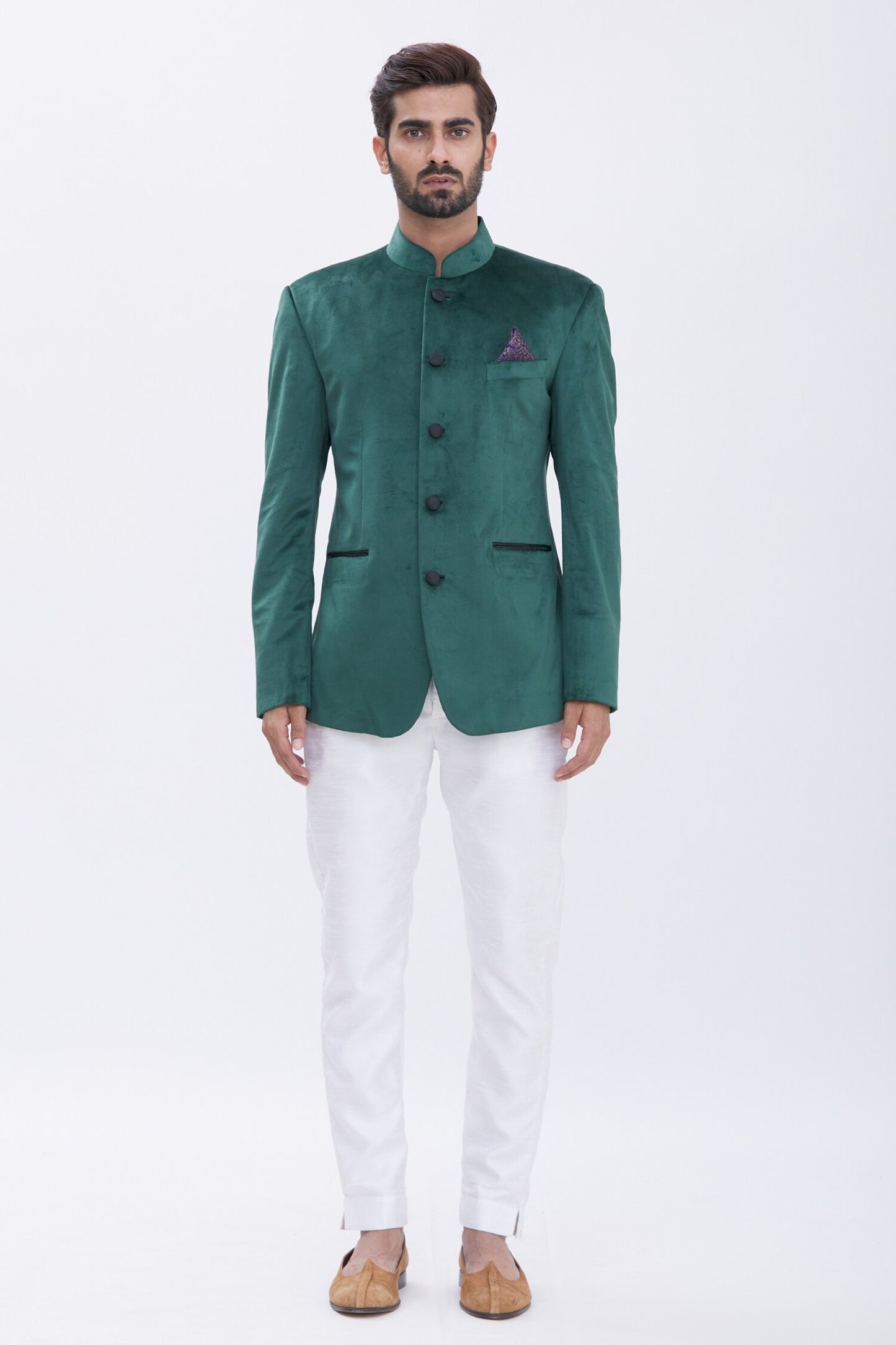 Classic Royal Velvet Bandhgala - Festive Green