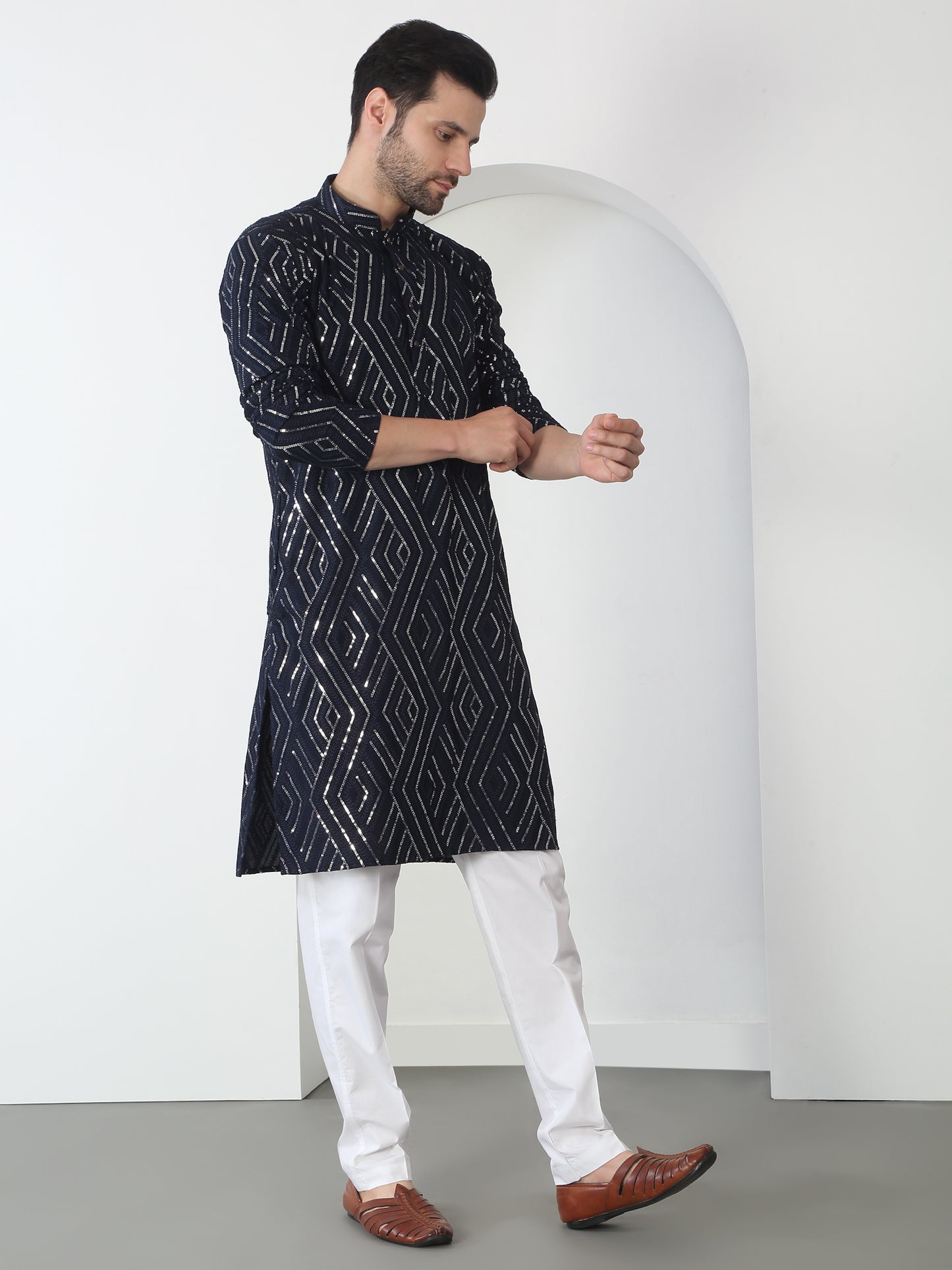 Chandra Barfi Black Cotton Embroidered Thread Barfi Kurta Set