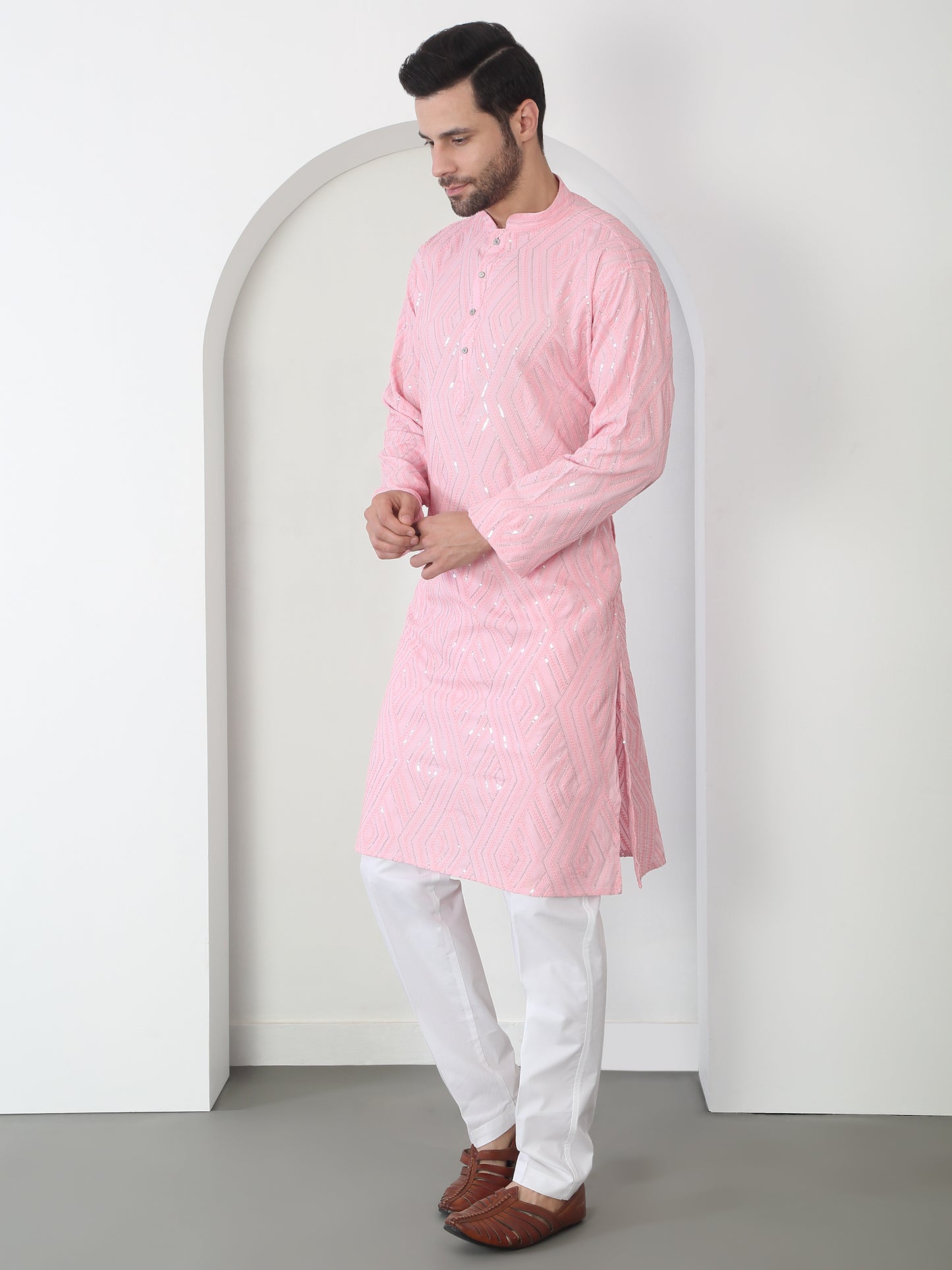 Chandra Barfi Pastel Pink Cotton Embroidered Thread Barfi Kurta Set