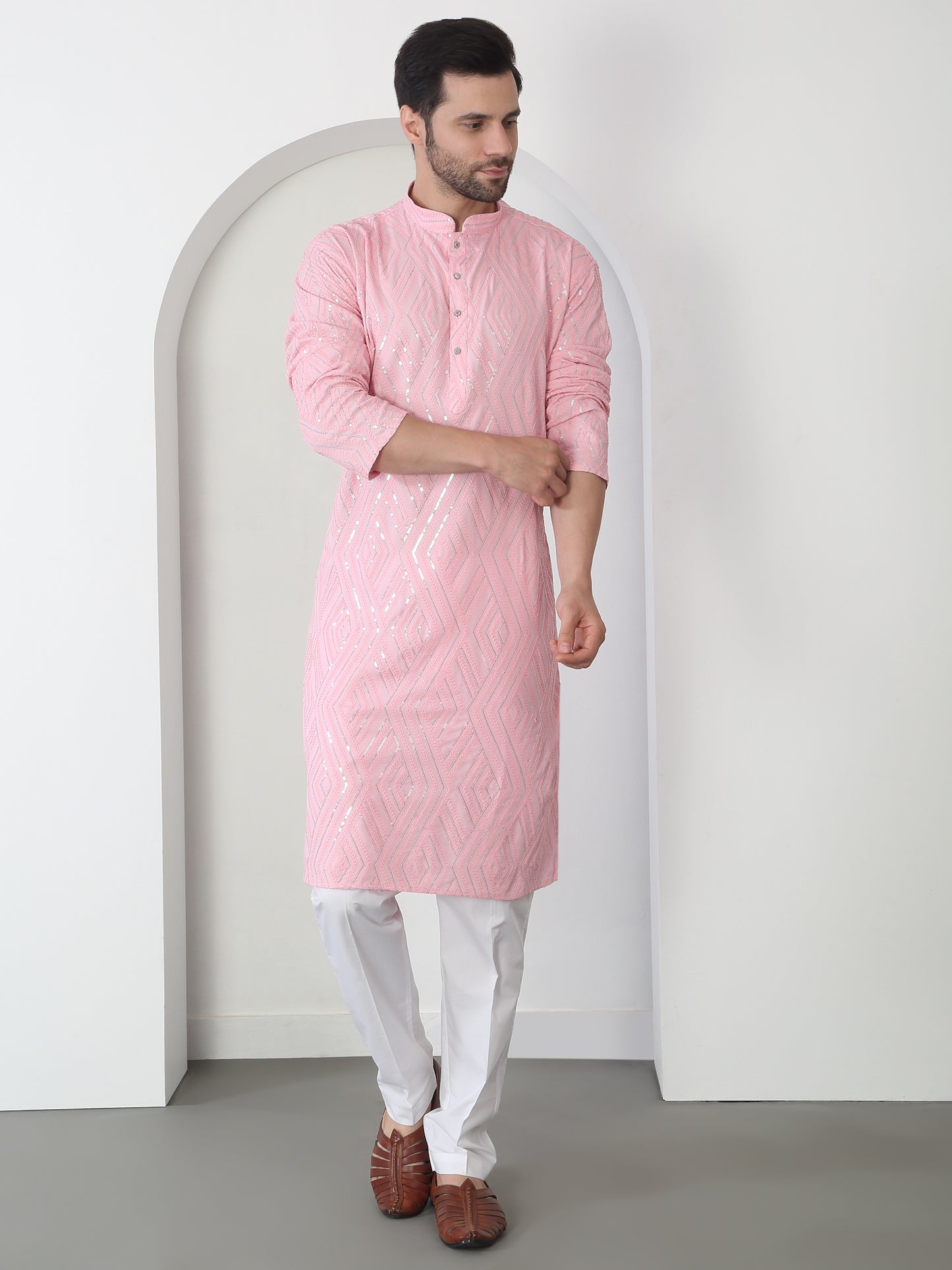 Chandra Barfi Pastel Pink Cotton Embroidered Thread Barfi Kurta Set