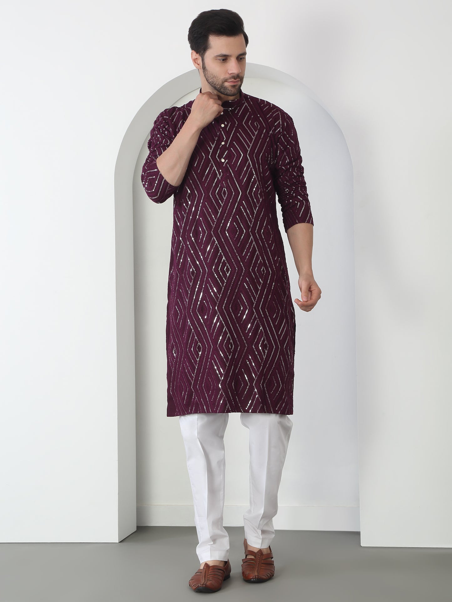 Chandra Barfi Wine  Cotton Embroidered Thread Barfi Kurta Set