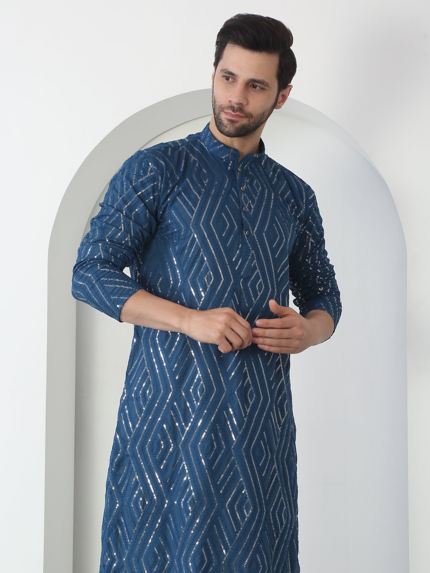 Chandra Barfi Blue Cotton Embroidered Thread Barfi Kurta Set