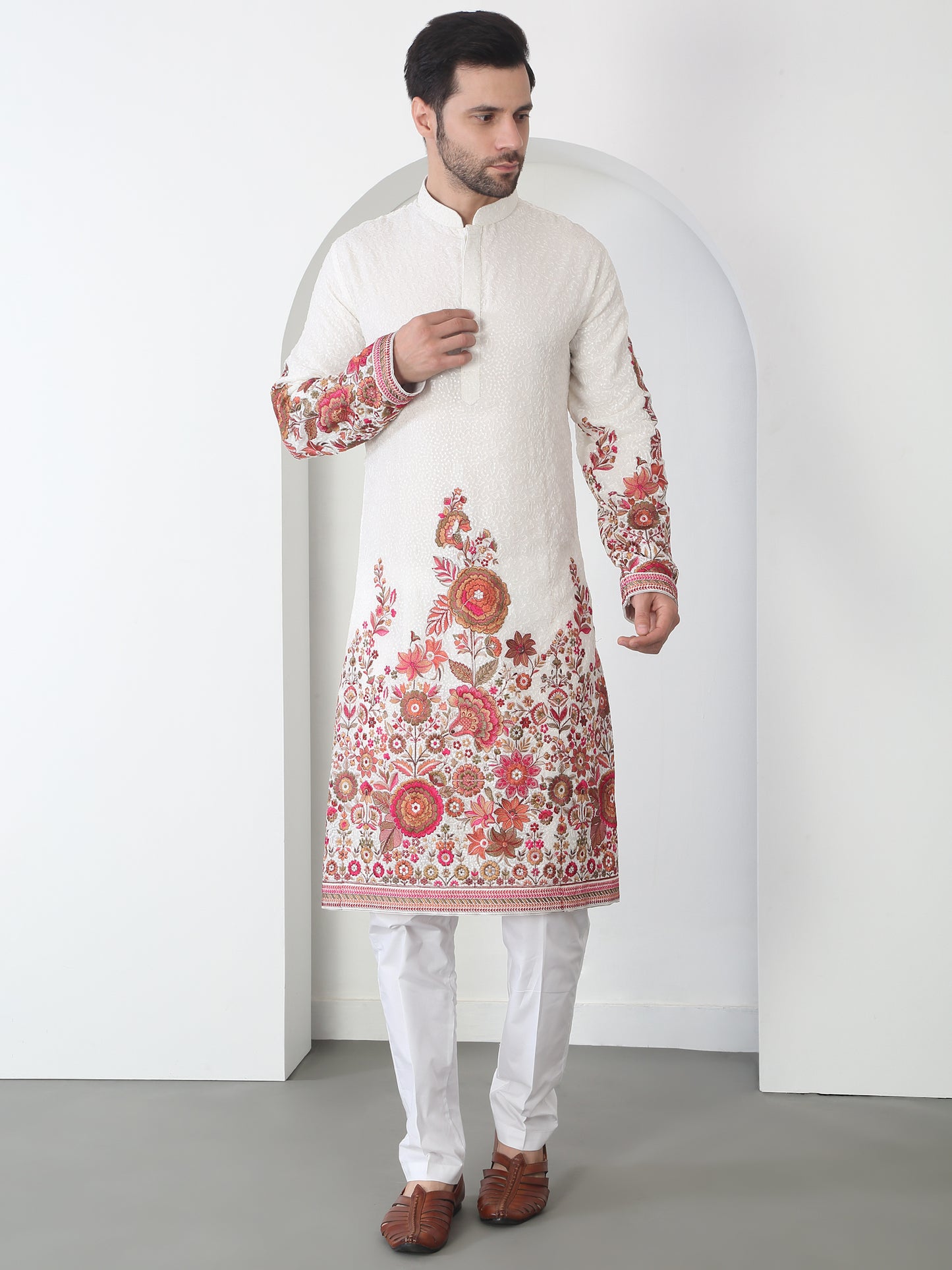 Kalki White Cotton Embroidered Floral Thread Kurta Set
