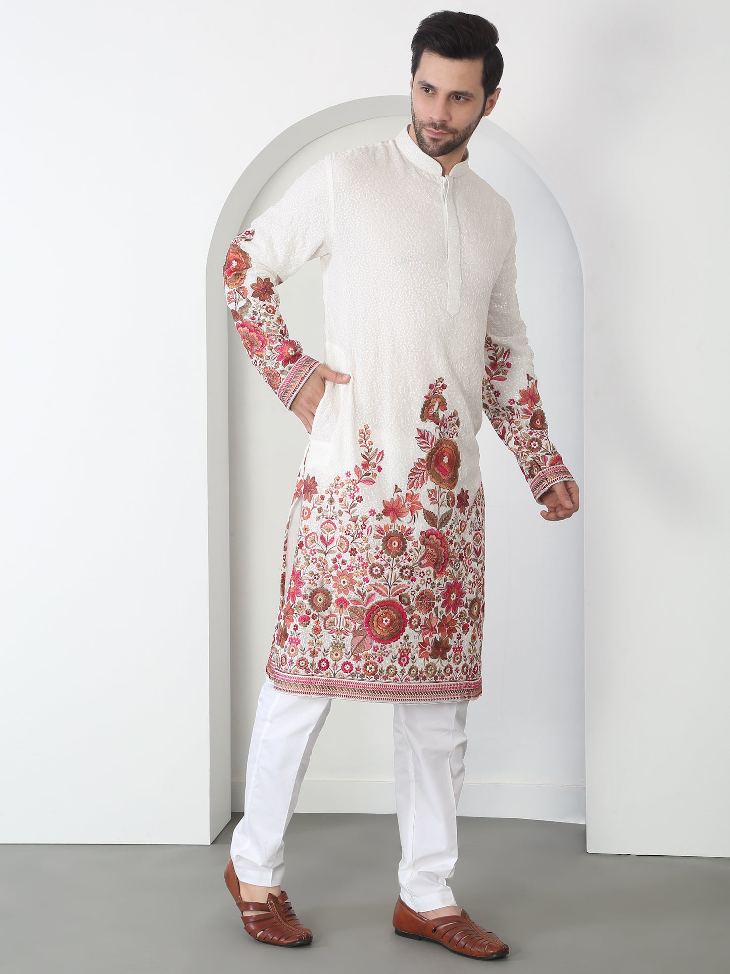 Kalki White Cotton Embroidered Floral Thread Kurta Set