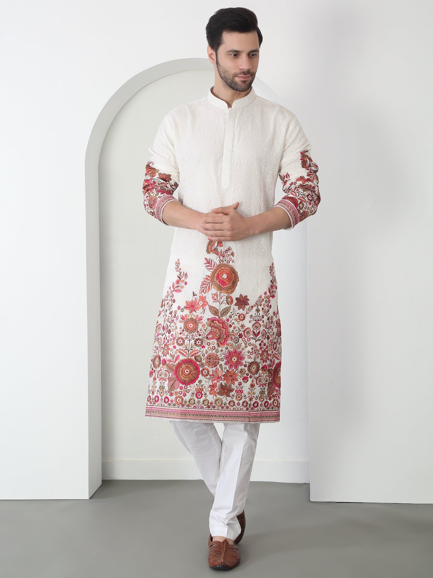 Kalki White Cotton Embroidered Floral Thread Kurta Set