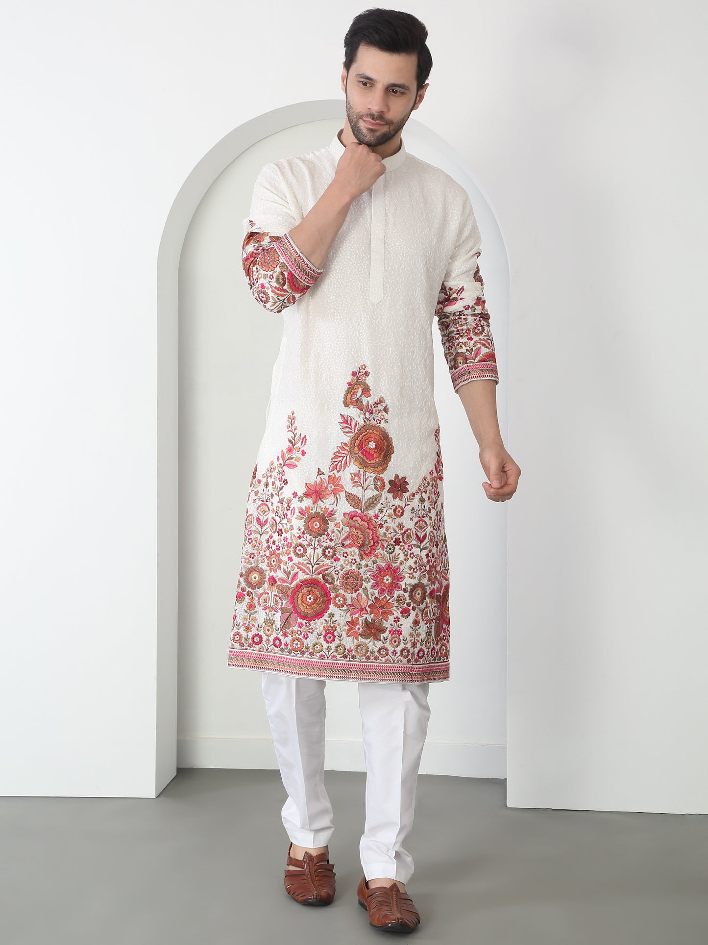 Kalki White Cotton Embroidered Floral Thread Kurta Set