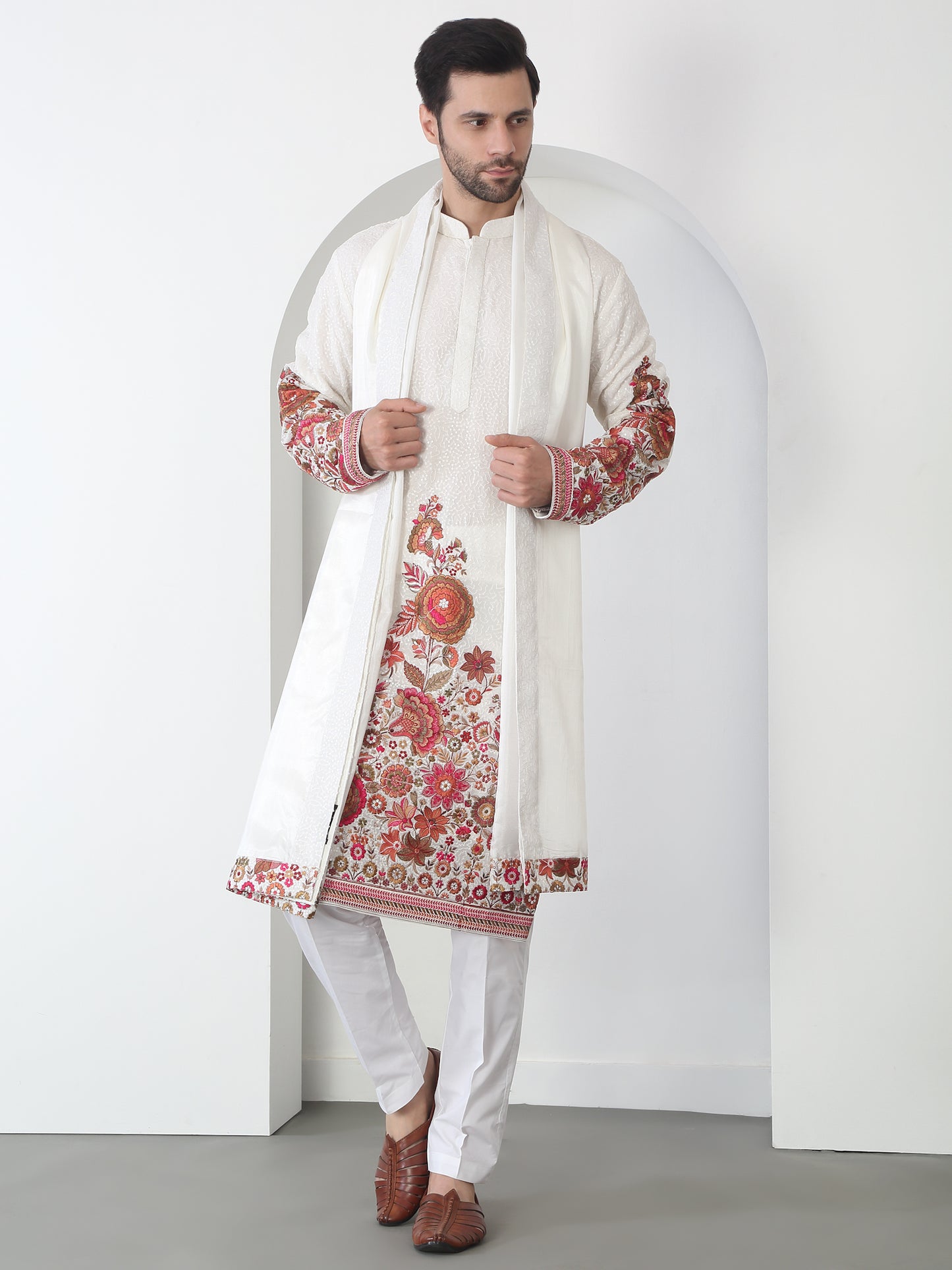 Kalki White Cotton Embroidered Floral Thread Kurta Set