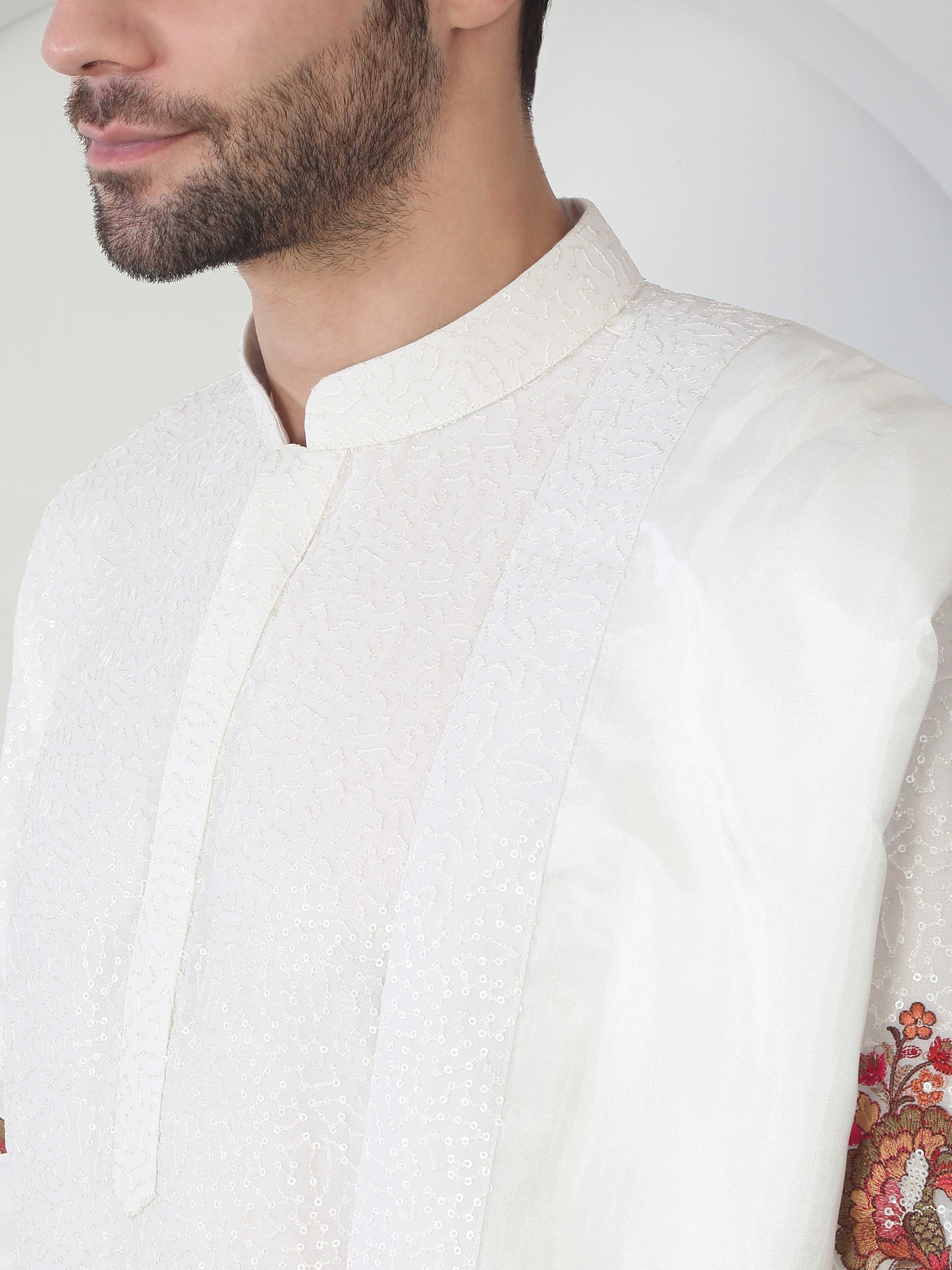 Kalki White Cotton Embroidered Floral Thread Kurta Set