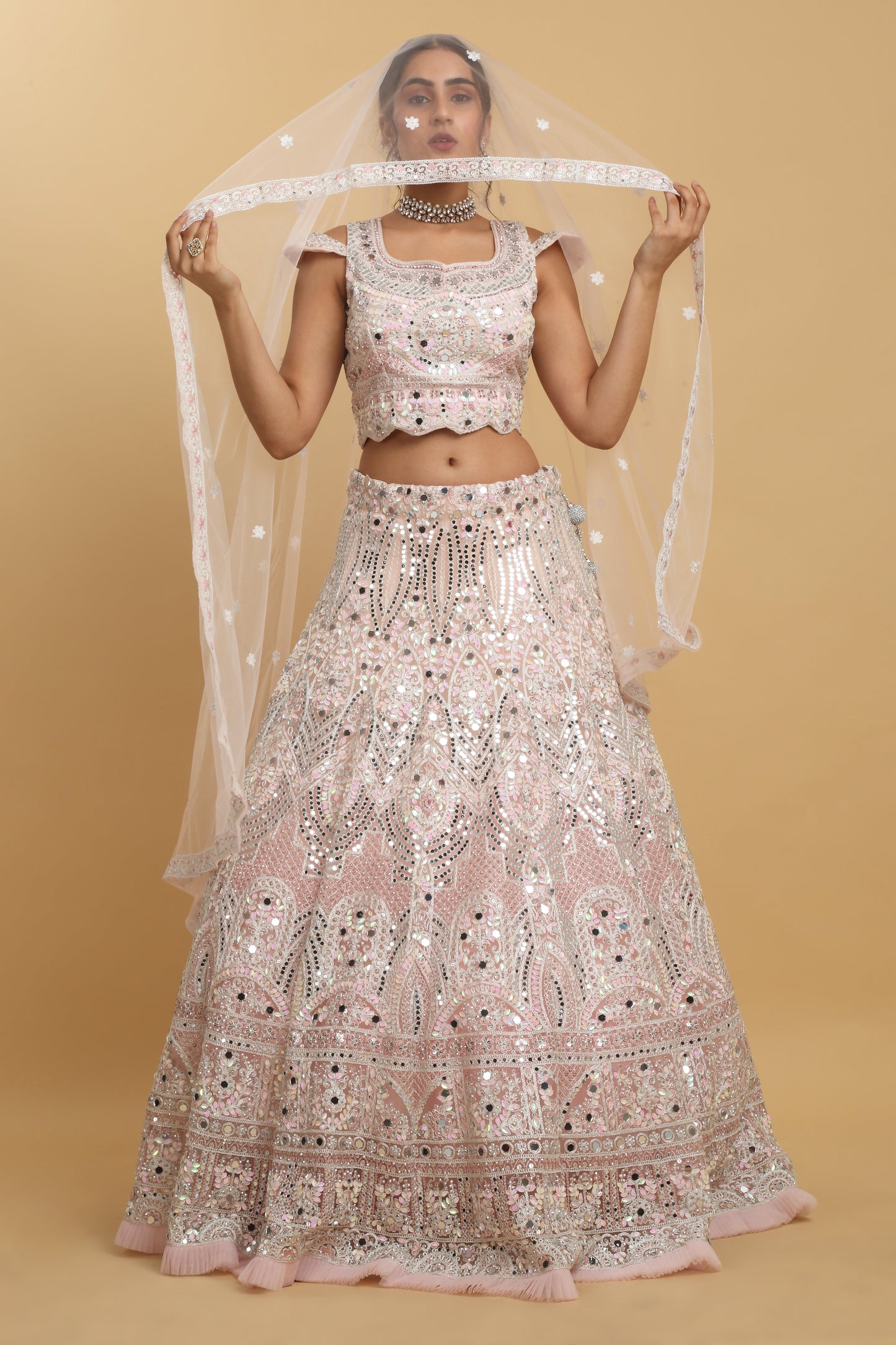 Shahi Mirror Embroidered Layered Lehenga Set