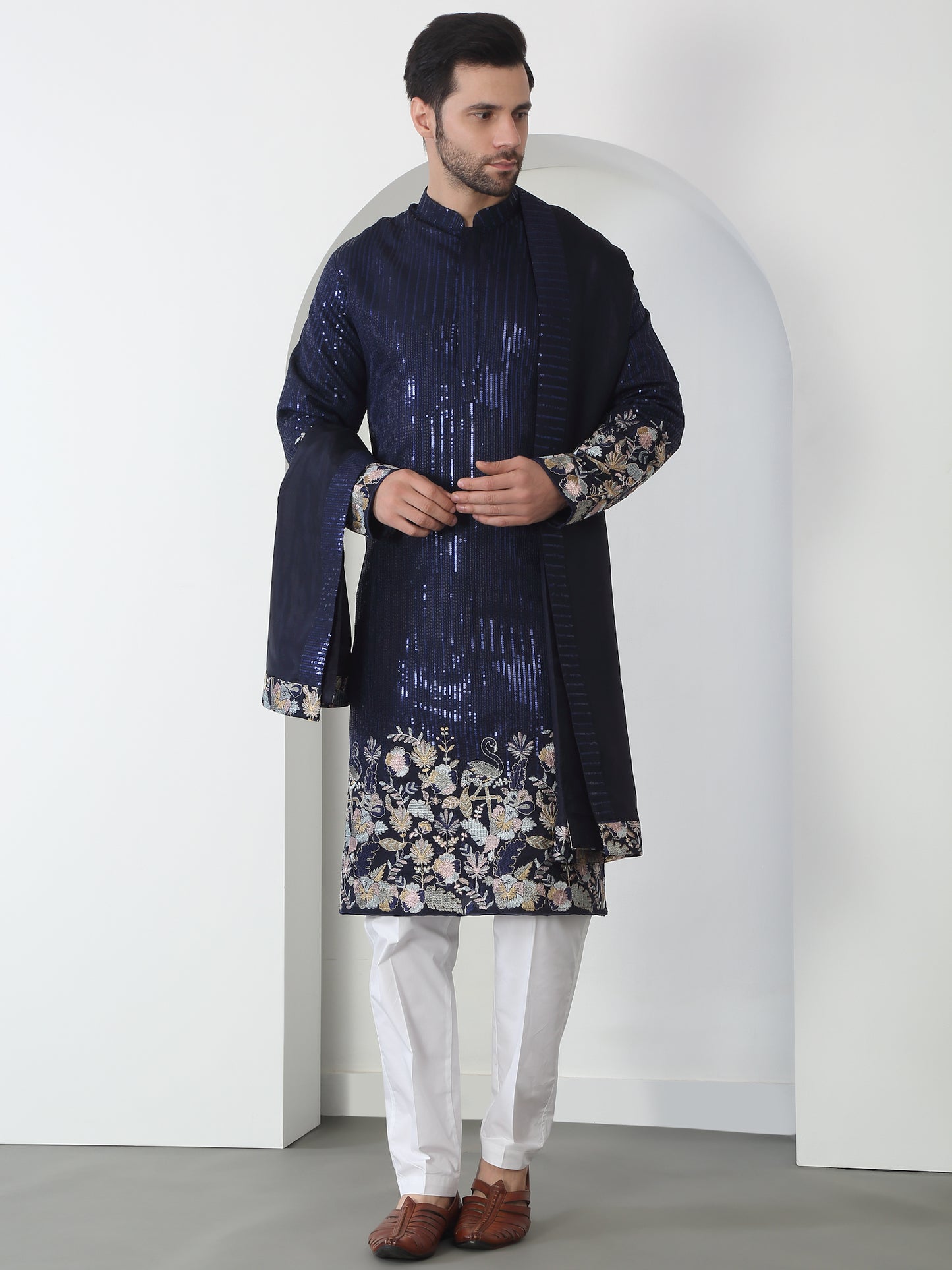 Neelkamal Dark Blue Cotton Embroidered Floral Thread Kurta Set With Dupatta