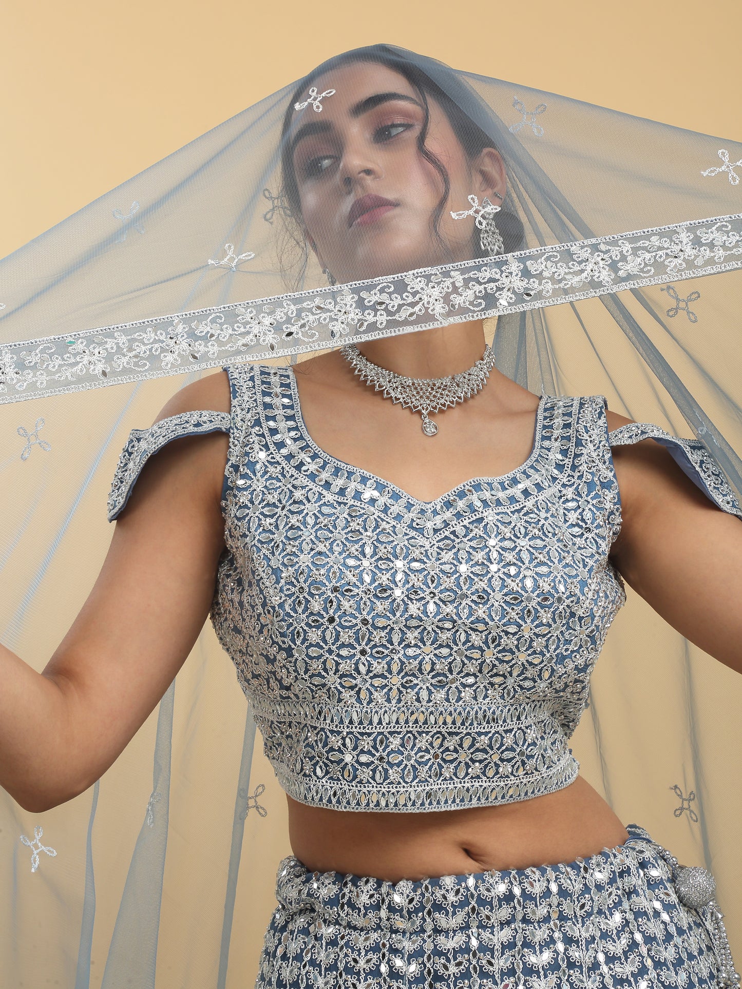 Suhana Mirror Embroidered Leaf Neck Lehenga Set