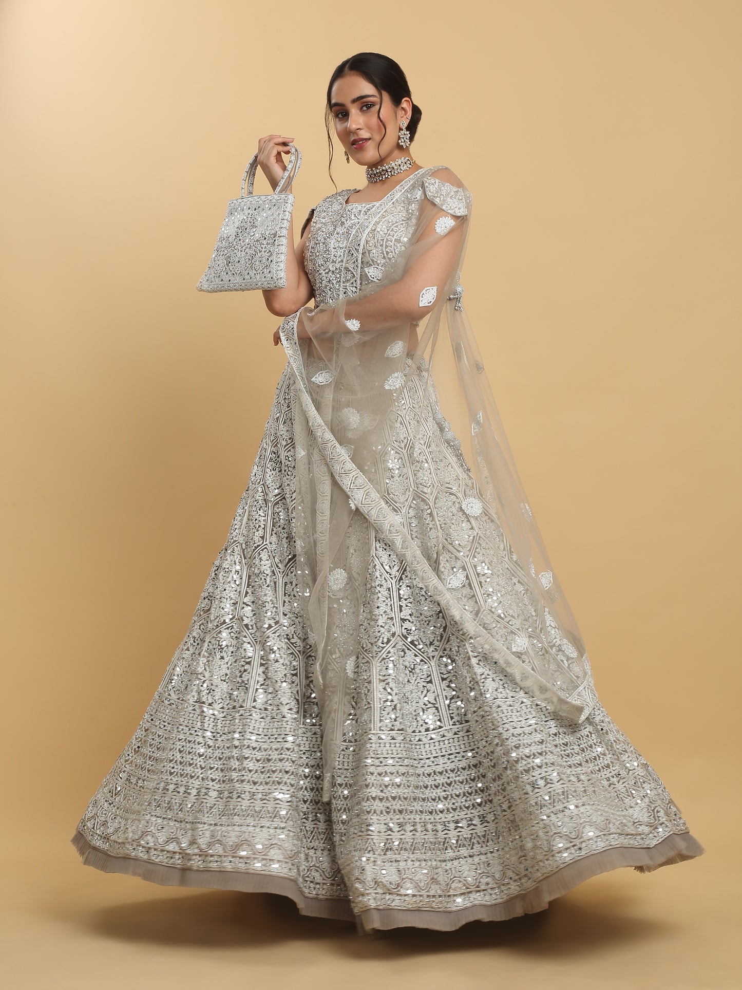 Chandra Kiran Silver Mirror Embroidered Lehenga Set