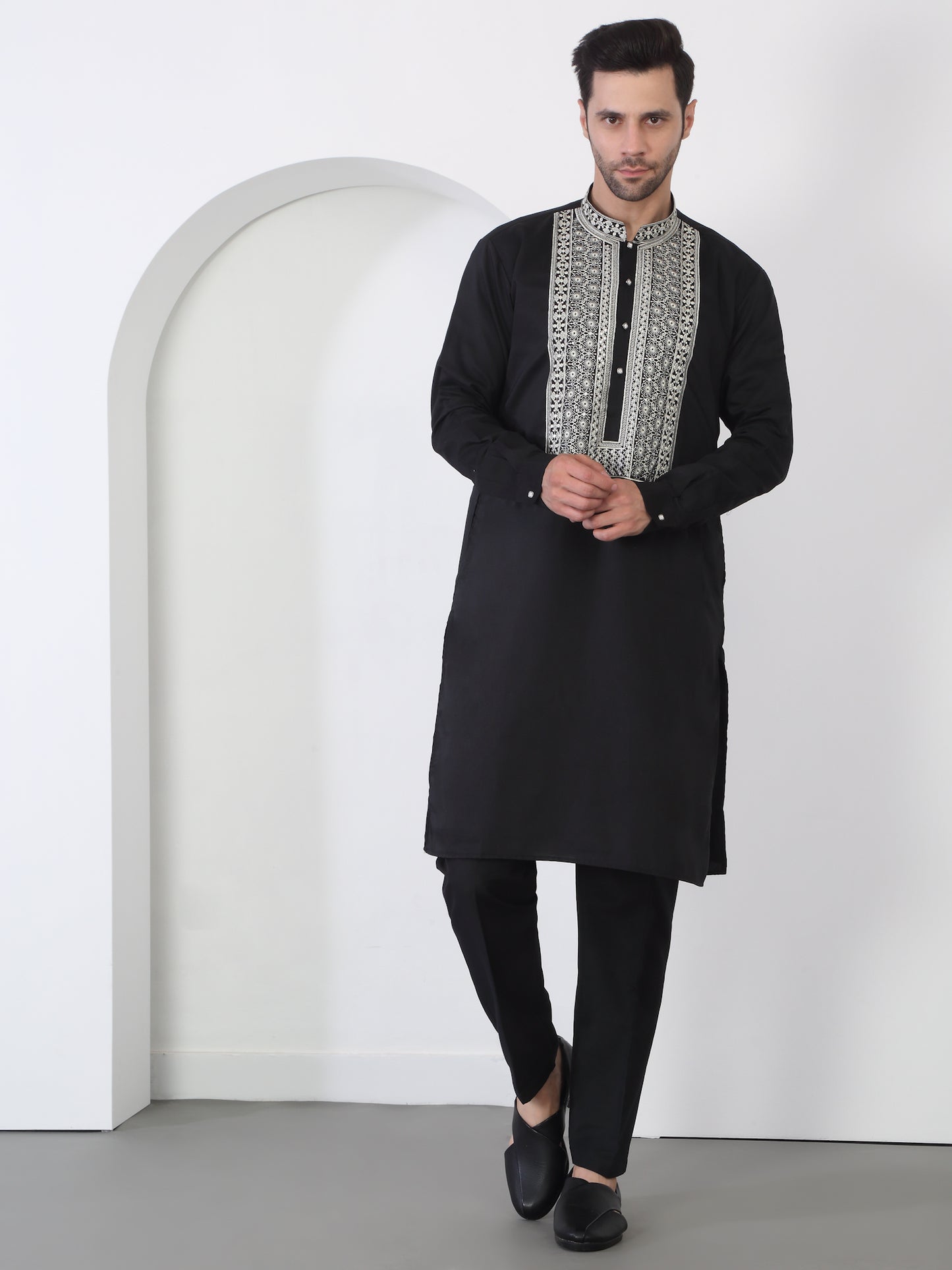 Nawaab Embroidered Kurta Dupatta Pants Set - Black