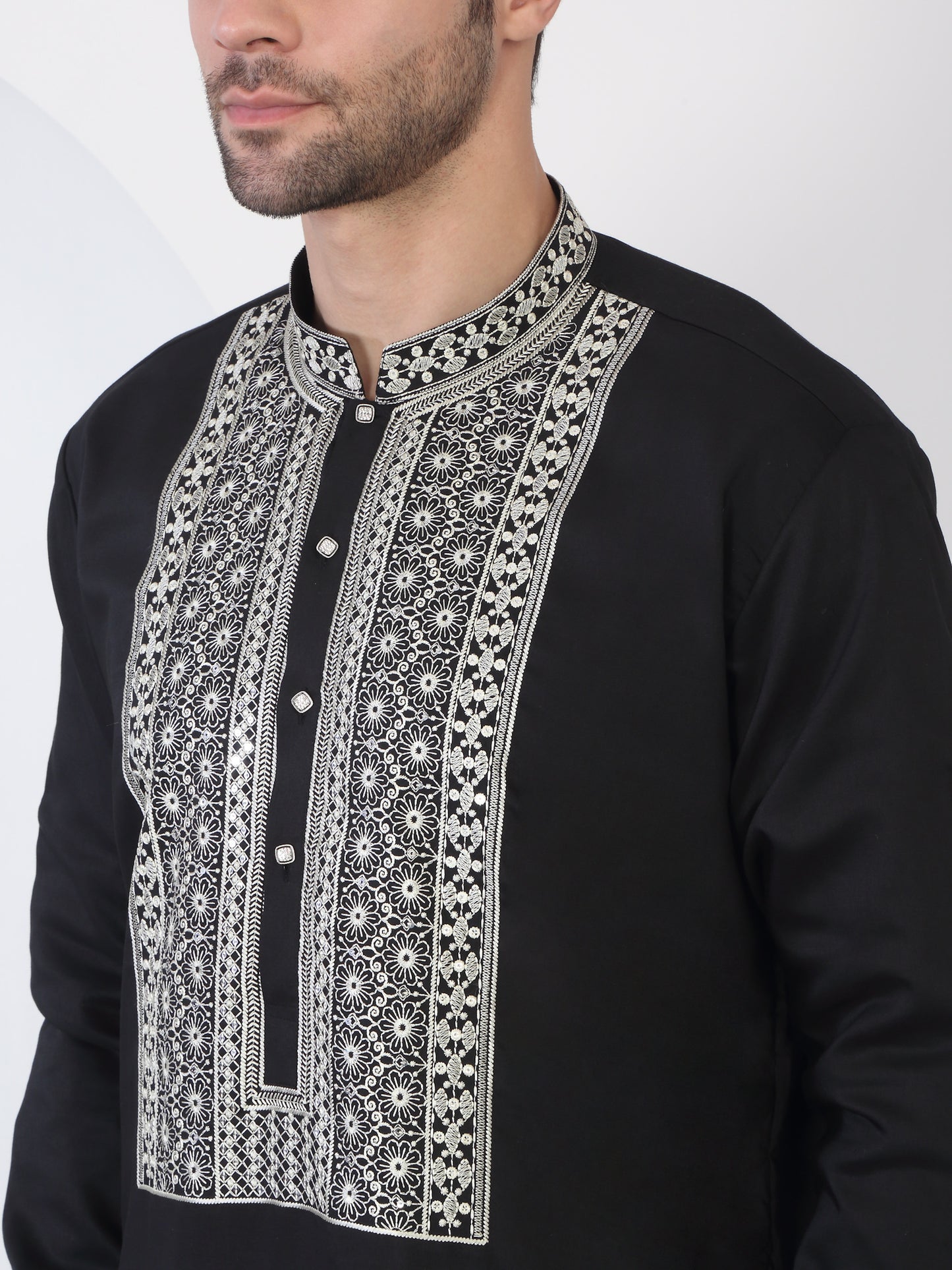 Nawaab Embroidered Kurta Dupatta Pants Set - Black