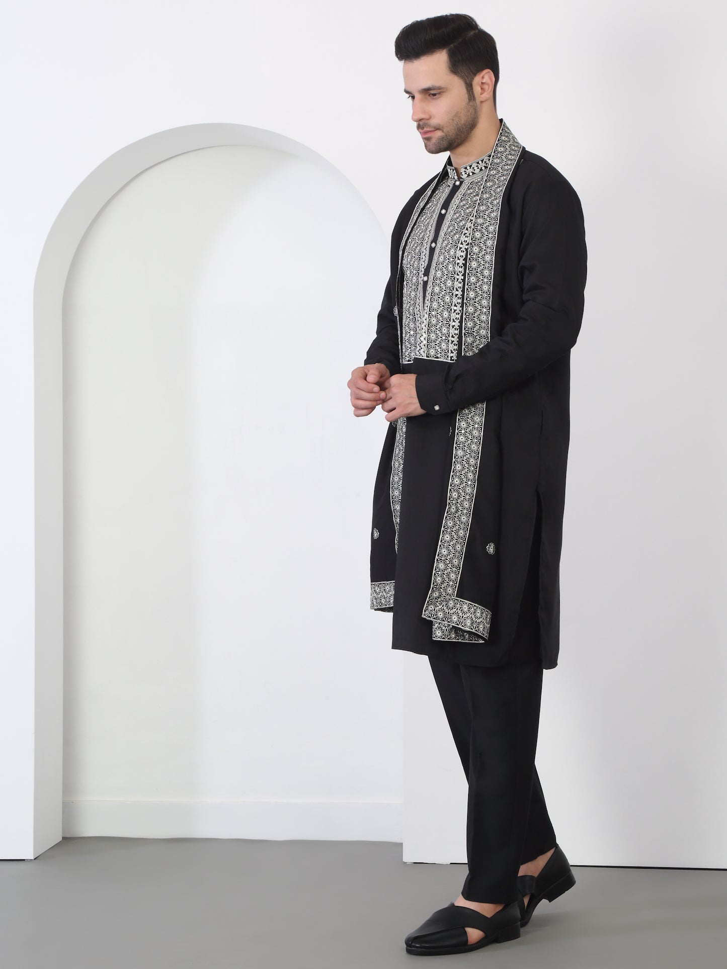 Nawaab Embroidered Kurta Dupatta Pants Set - Black