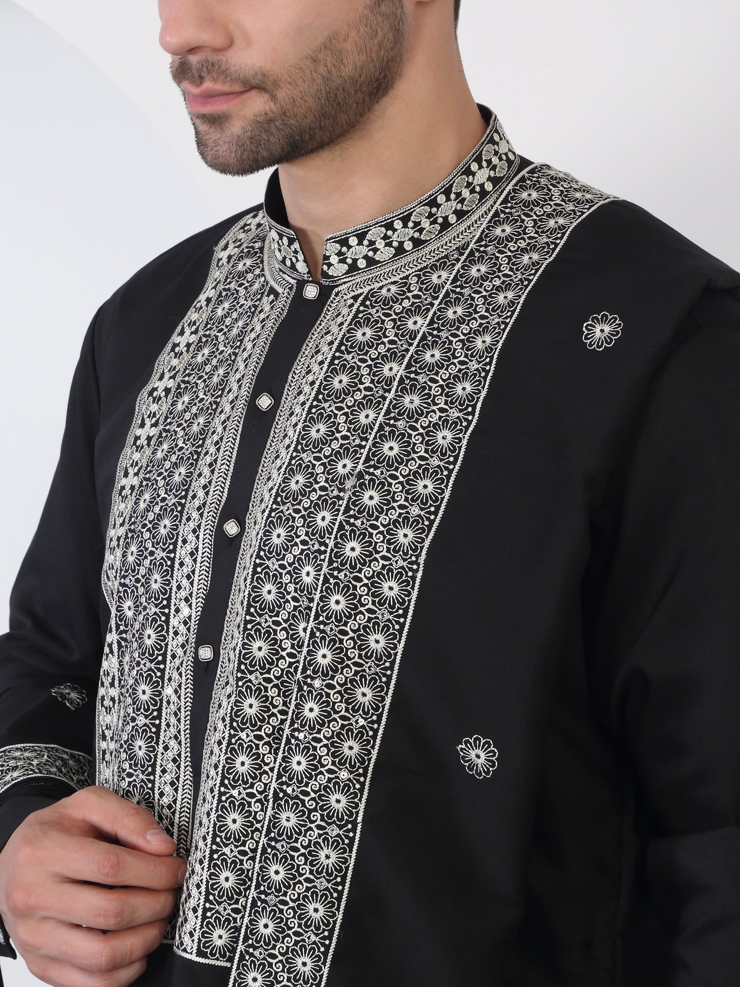 Nawaab Embroidered Kurta Dupatta Pants Set - Black