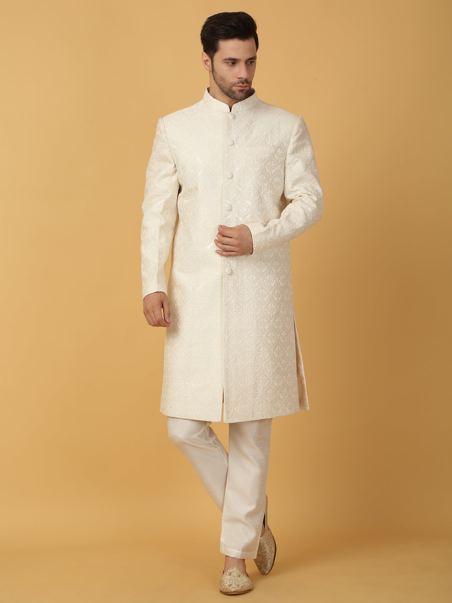 Shwet Banaras Embroidered Sherwani Set - Ivory White