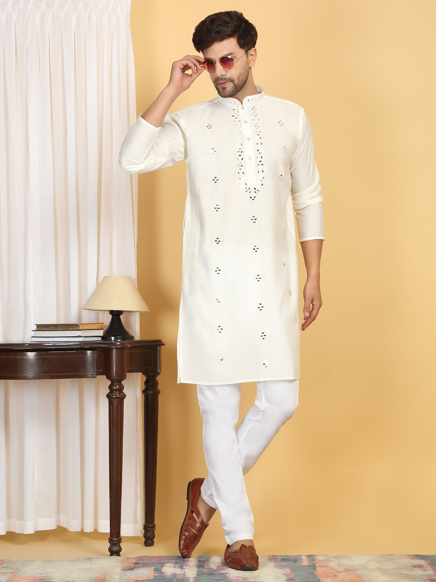 Swarna Mirror Work Kurta And Pant Set - Cream