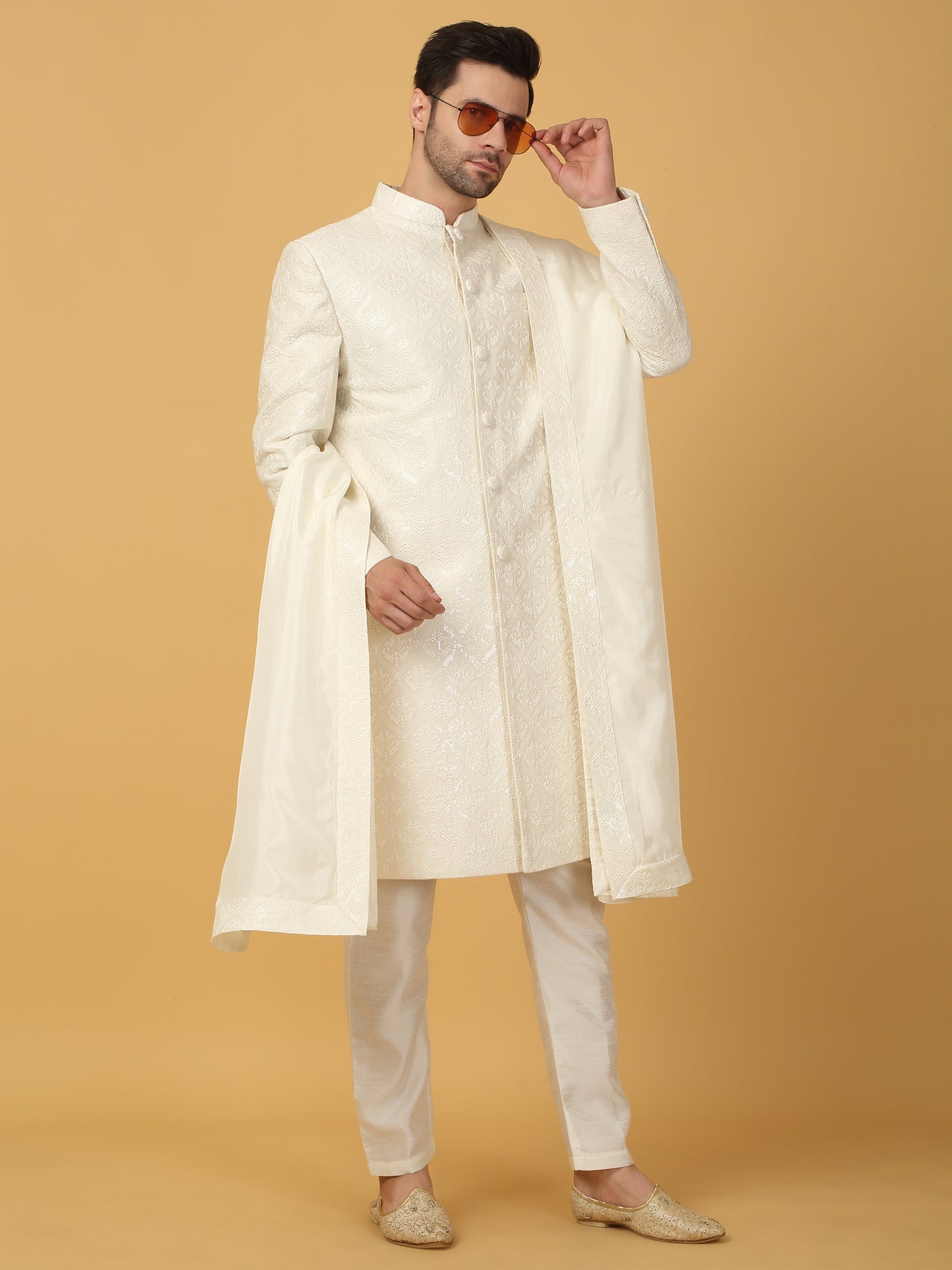 Shwet Banaras Embroidered Sherwani Set - Ivory White