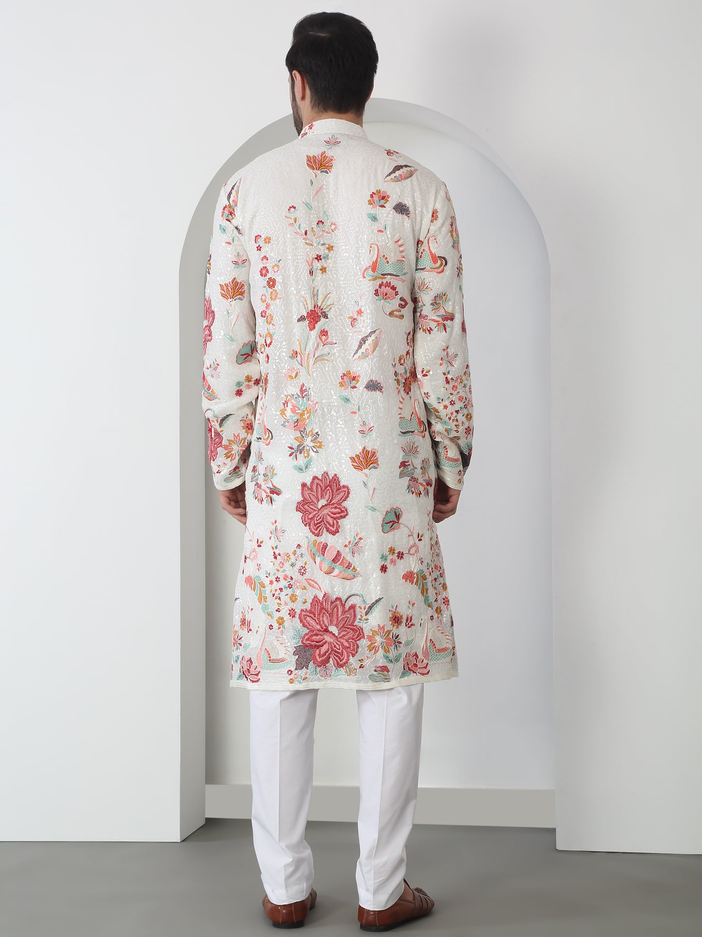 Shwet Pushpwan White Cotton Embroidered Sequin Floral Kurta Set