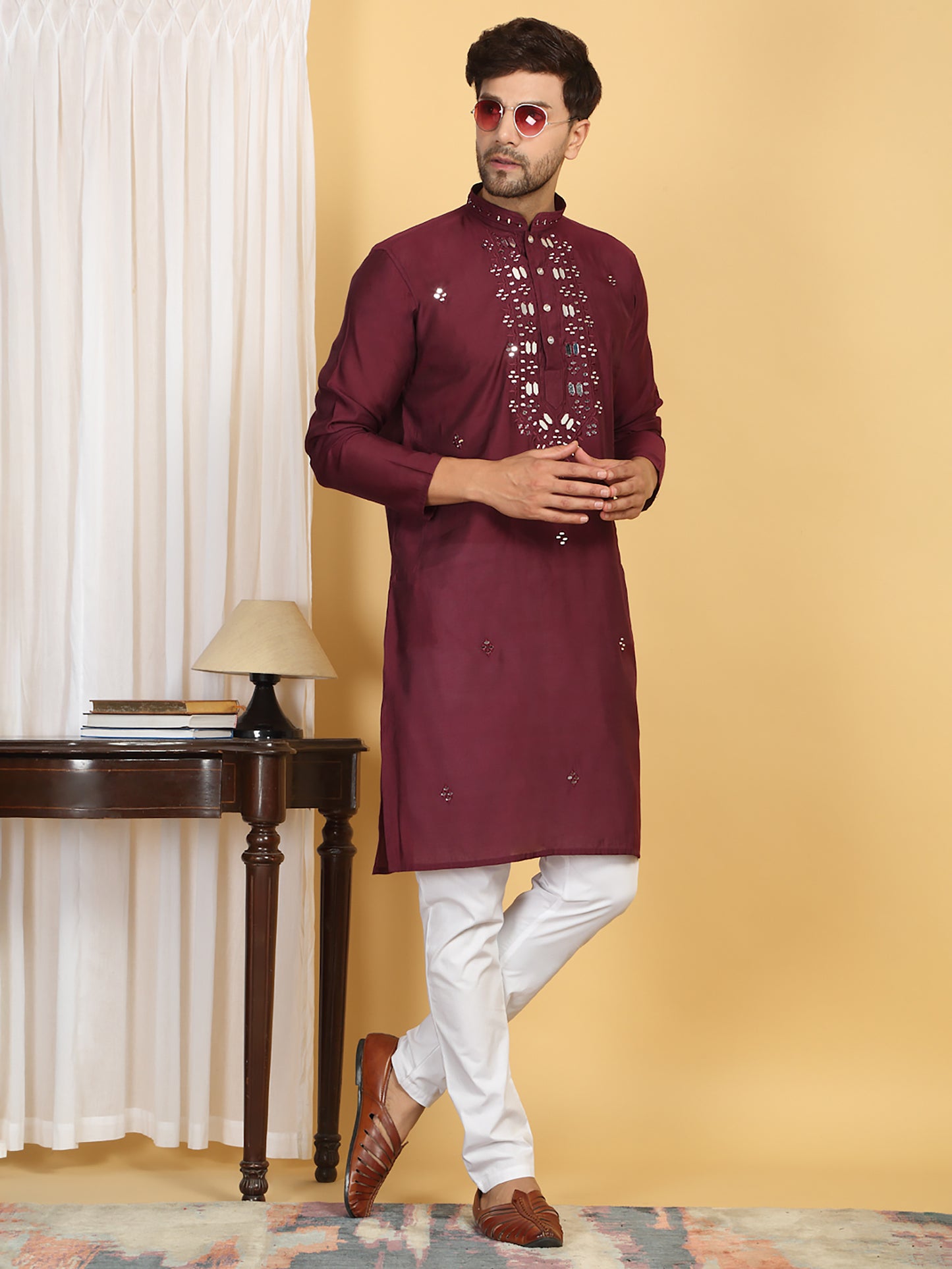 Rajat Mirror Embroidery Work Kurta And Pant Set - Maroon Wine