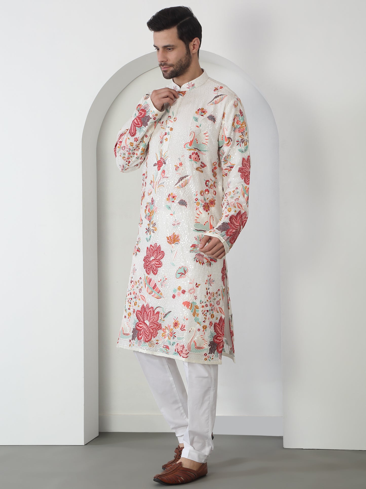 Shwet Pushpwan White Cotton Embroidered Sequin Floral Kurta Set