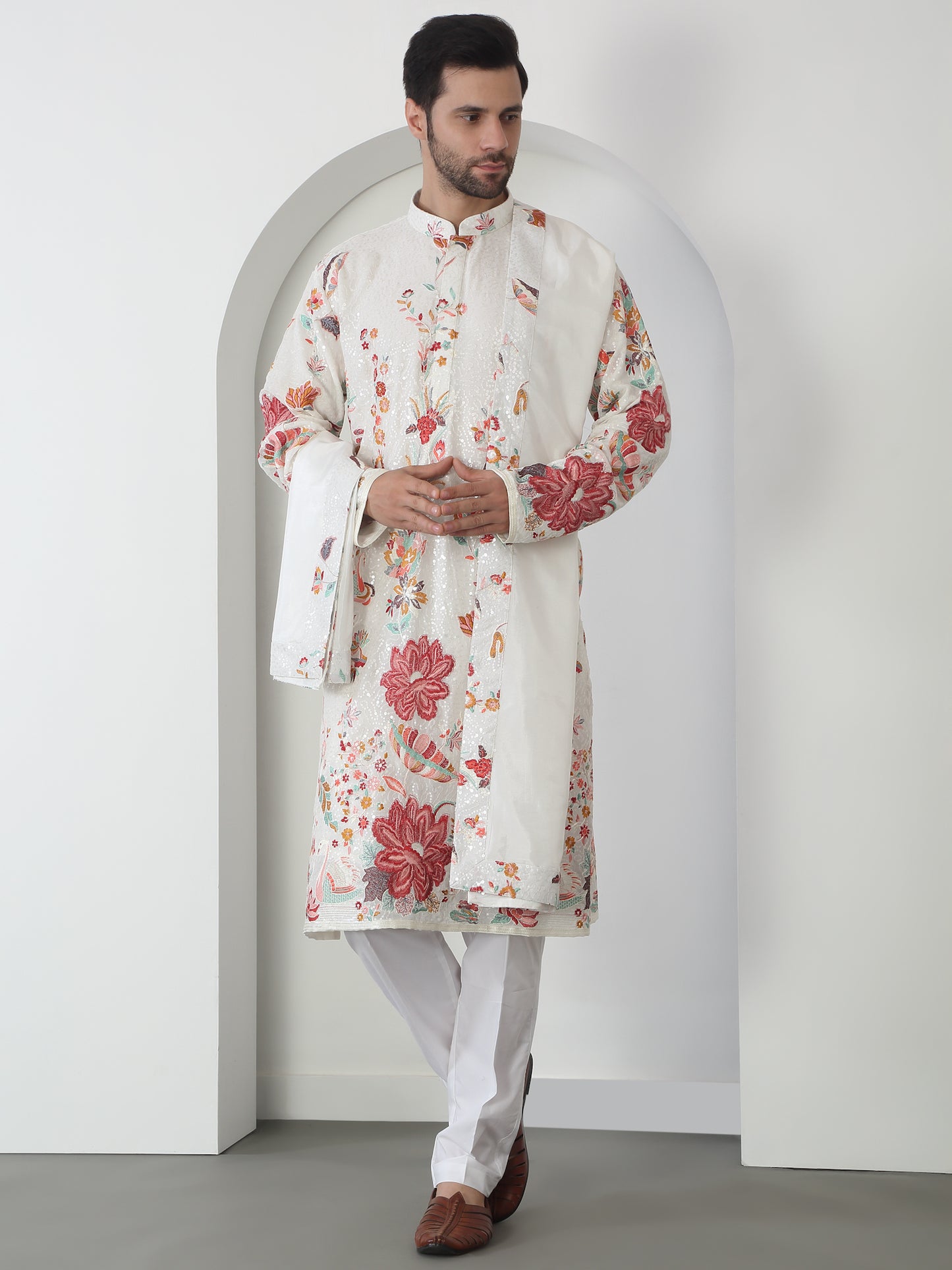 Shwet Pushpwan White Cotton Embroidered Sequin Floral Kurta Set