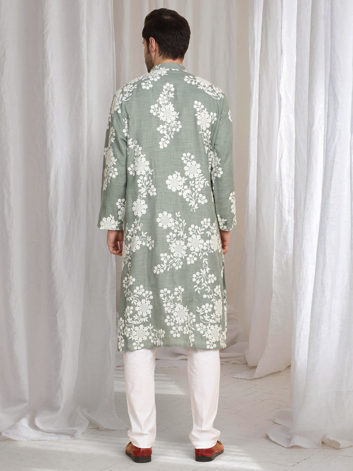 Aham Gulistaan Embroidery Thread Kurta Set - Pastel Olive