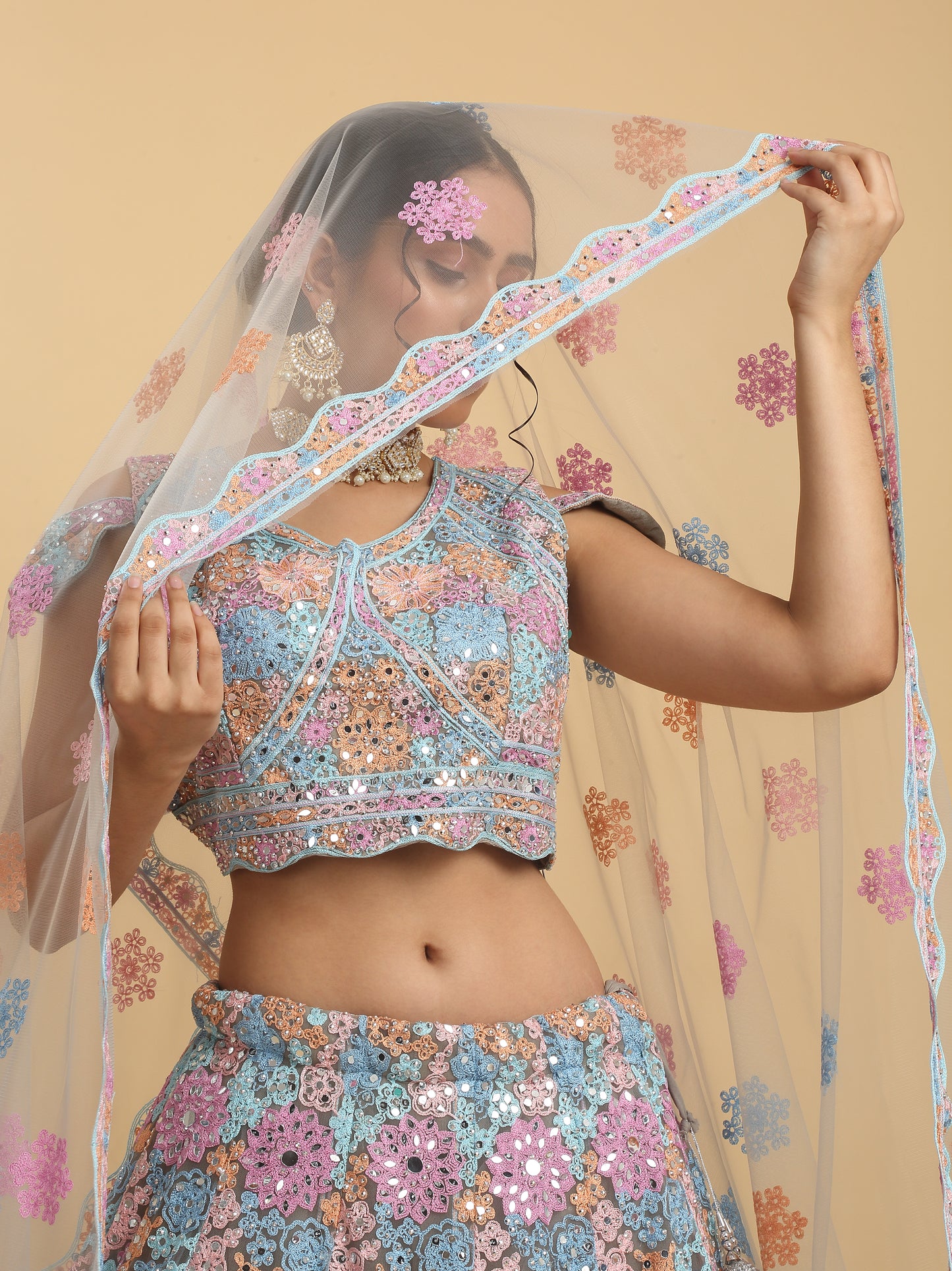 Bahaara Thread And Mirror Embroidered Layered Lehenga Set