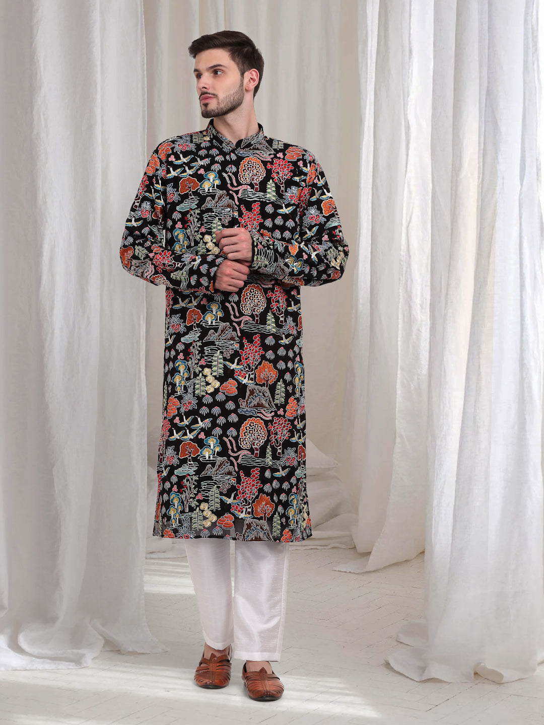 Tarnam Embroidered Nature Kurta Pant Set - Black