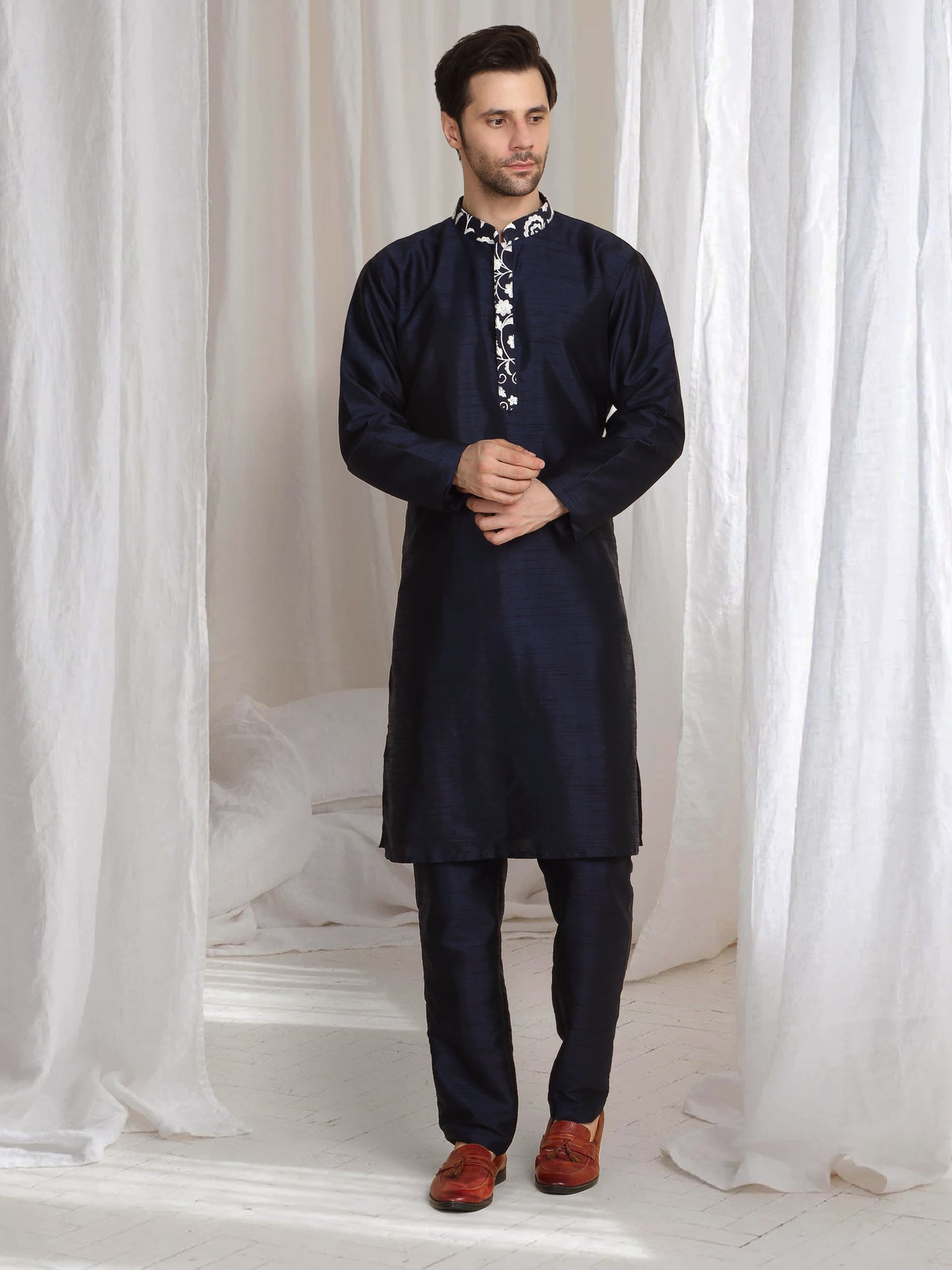 Pushp Floral Embroidered Jacket Kurta Pant Set - Navy Blue