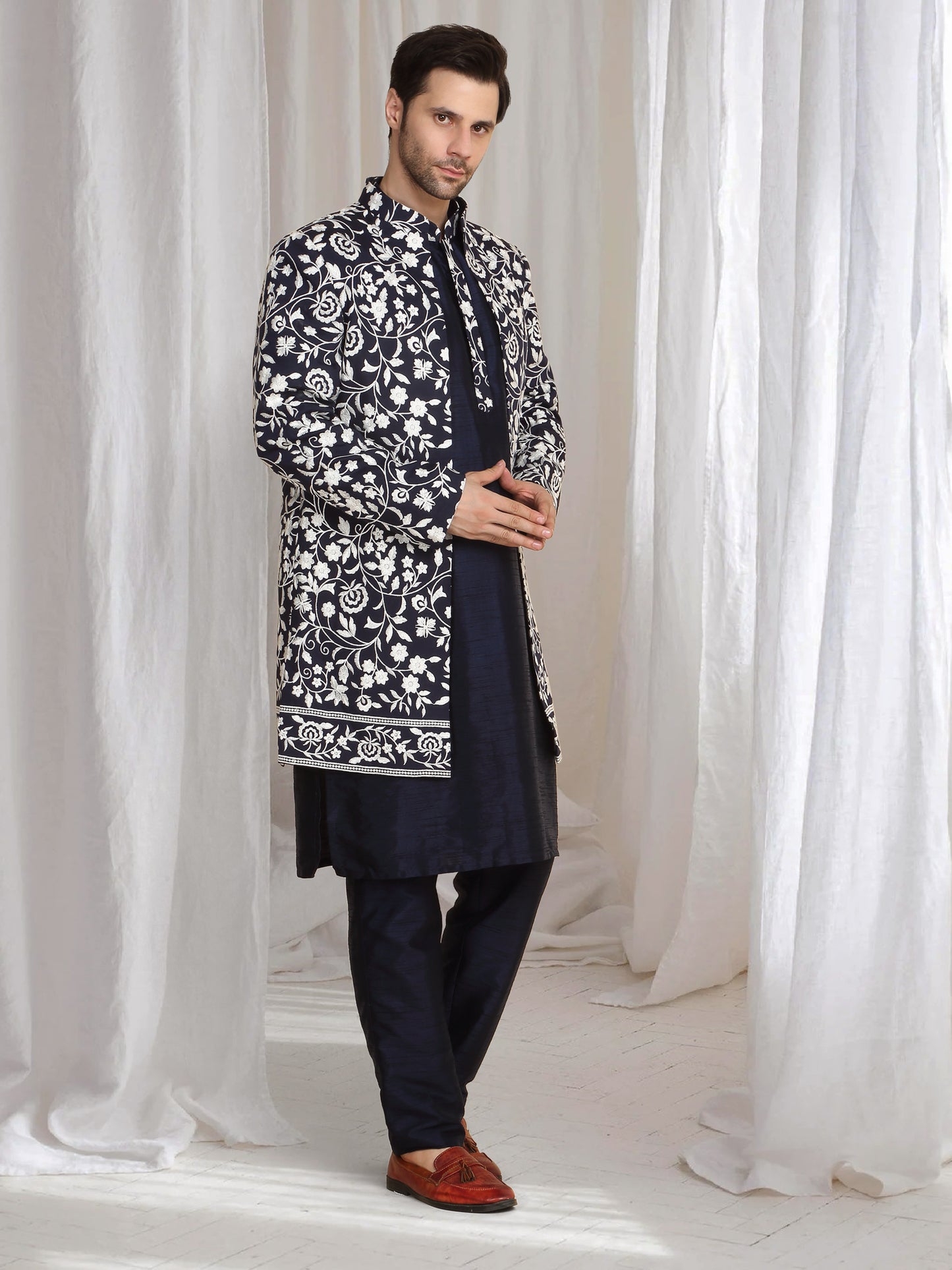 Pushp Floral Embroidered Jacket Kurta Pant Set - Navy Blue
