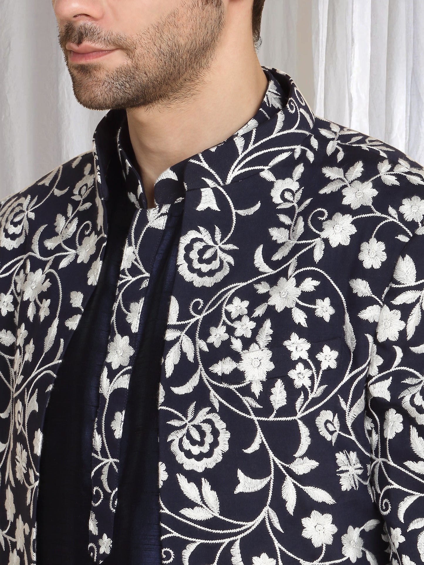 Pushp Floral Embroidered Jacket Kurta Pant Set - Navy Blue