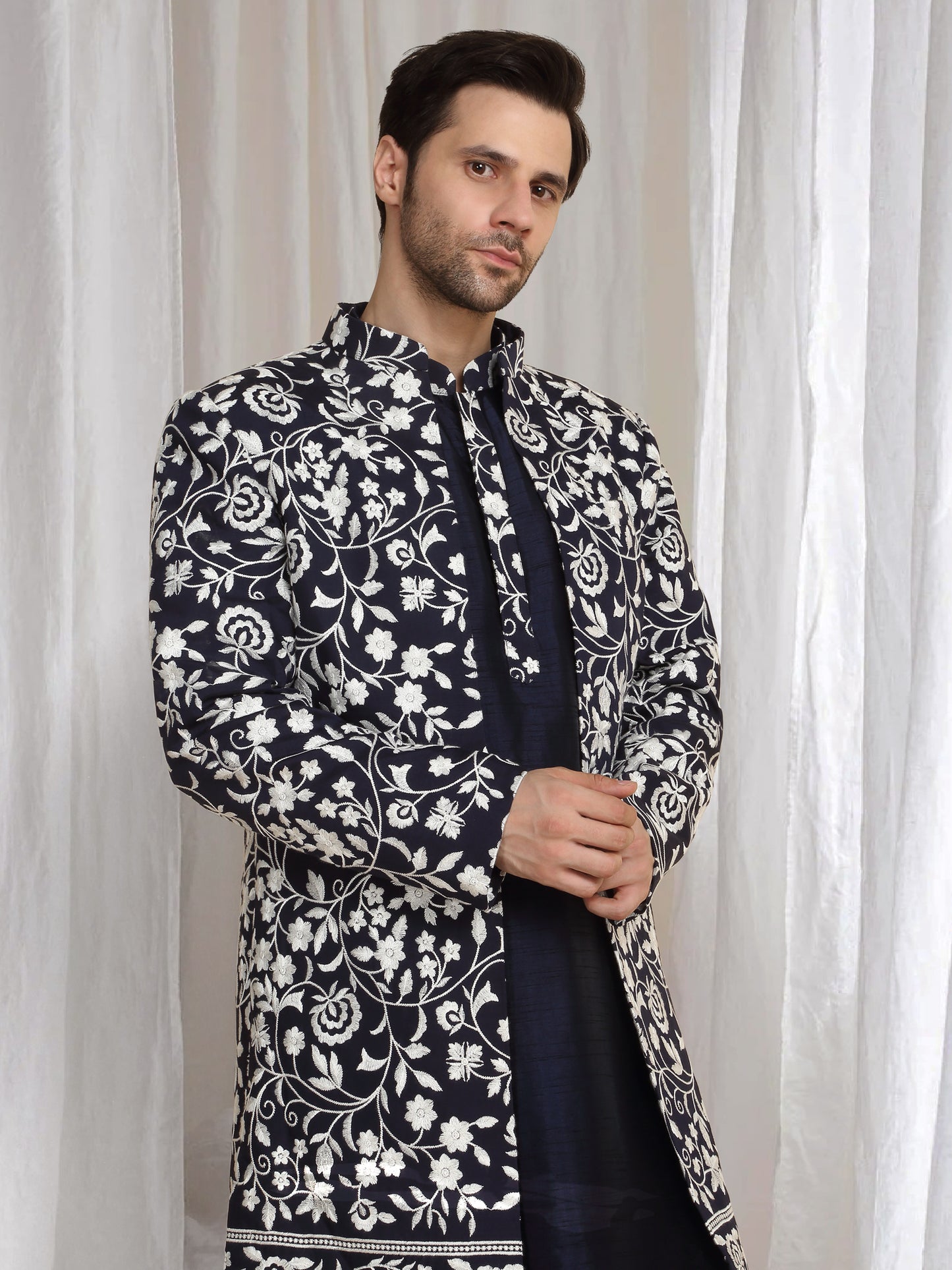 Pushp Floral Embroidered Jacket Kurta Pant Set - Navy Blue