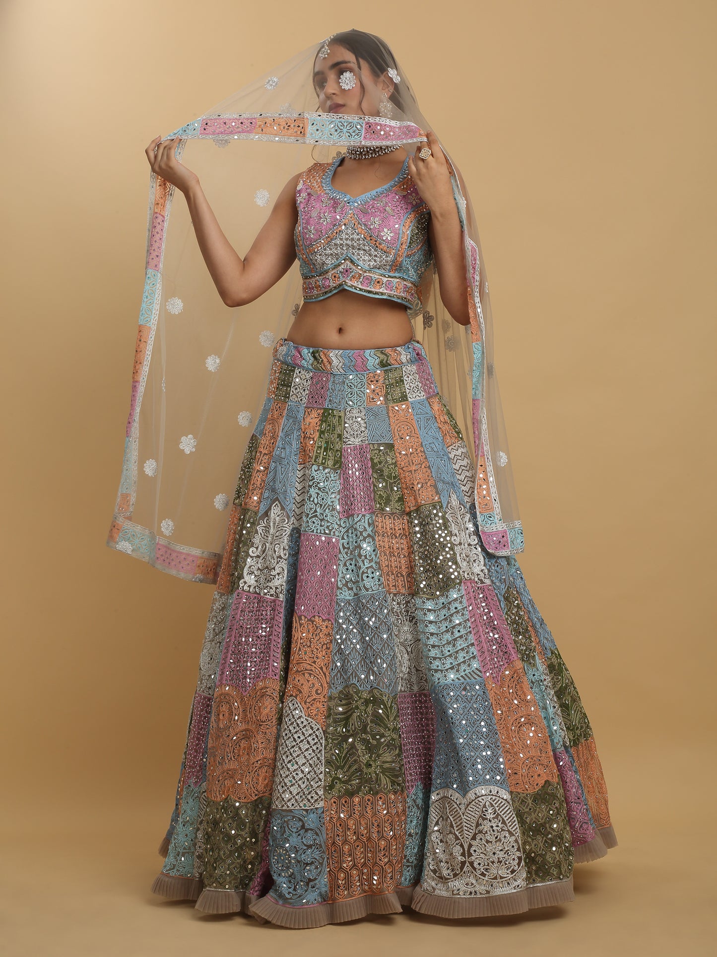 Divyam Multi Colored Thread And Mirror Embroidered Lehenga Set