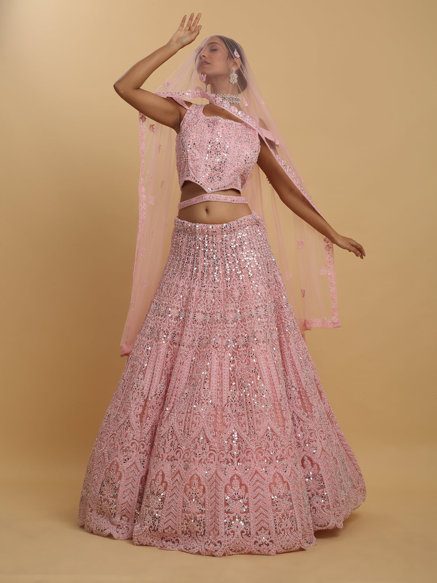 Drishti Pink Mirror Embroidered Leaf Neck Lehenga Set