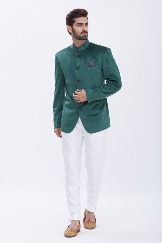 Classic Royal Velvet Bandhgala - Festive Green