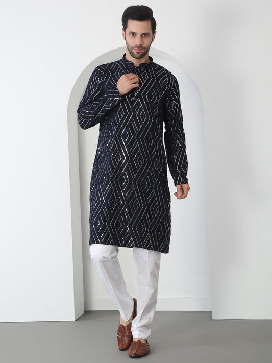 Chandra Barfi Black Cotton Embroidered Thread Barfi Kurta Set