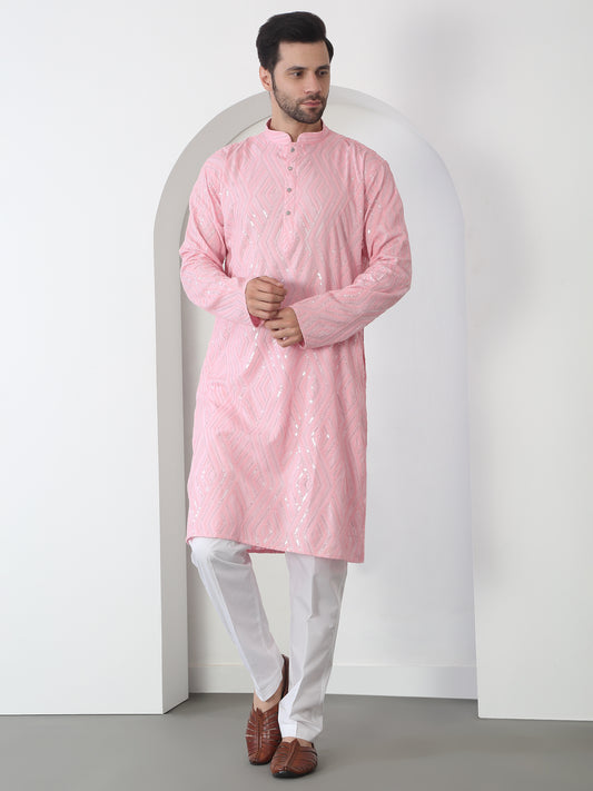 Chandra Barfi Pastel Pink Cotton Embroidered Thread Barfi Kurta Set