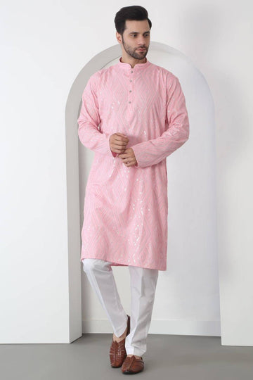 Chandra Barfi Pastel Pink Cotton Embroidered Thread Barfi Kurta Set