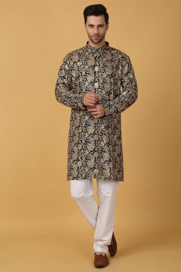 Zar Firdaus Embroidered  Kurta Pants Set - Festive Black