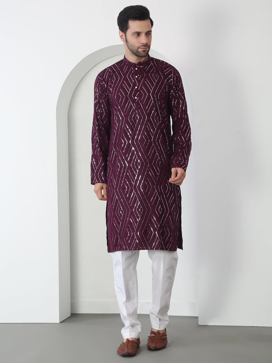 Chandra Barfi Wine  Cotton Embroidered Thread Barfi Kurta Set