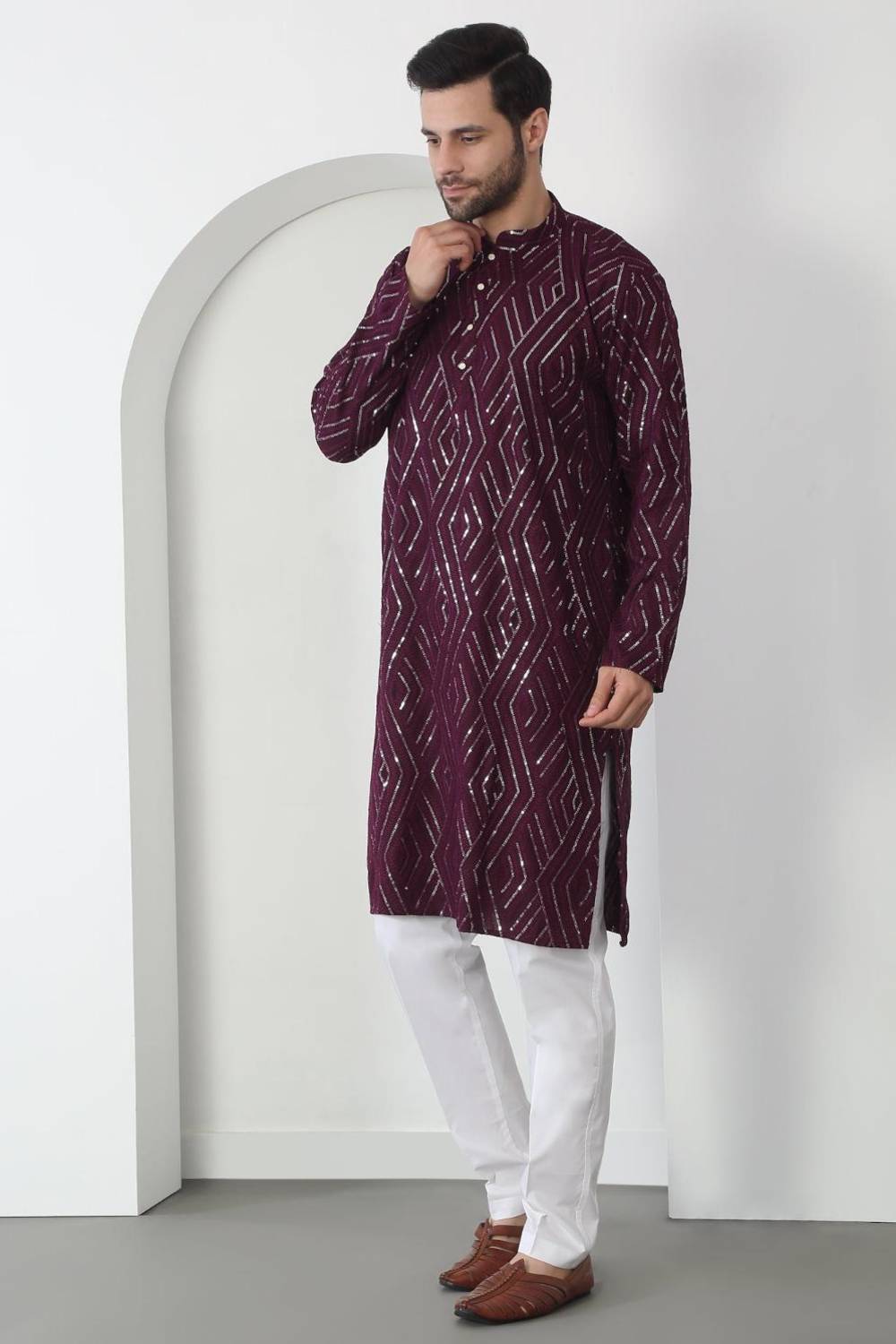 Chandra Barfi Wine  Cotton Embroidered Thread Barfi Kurta Set