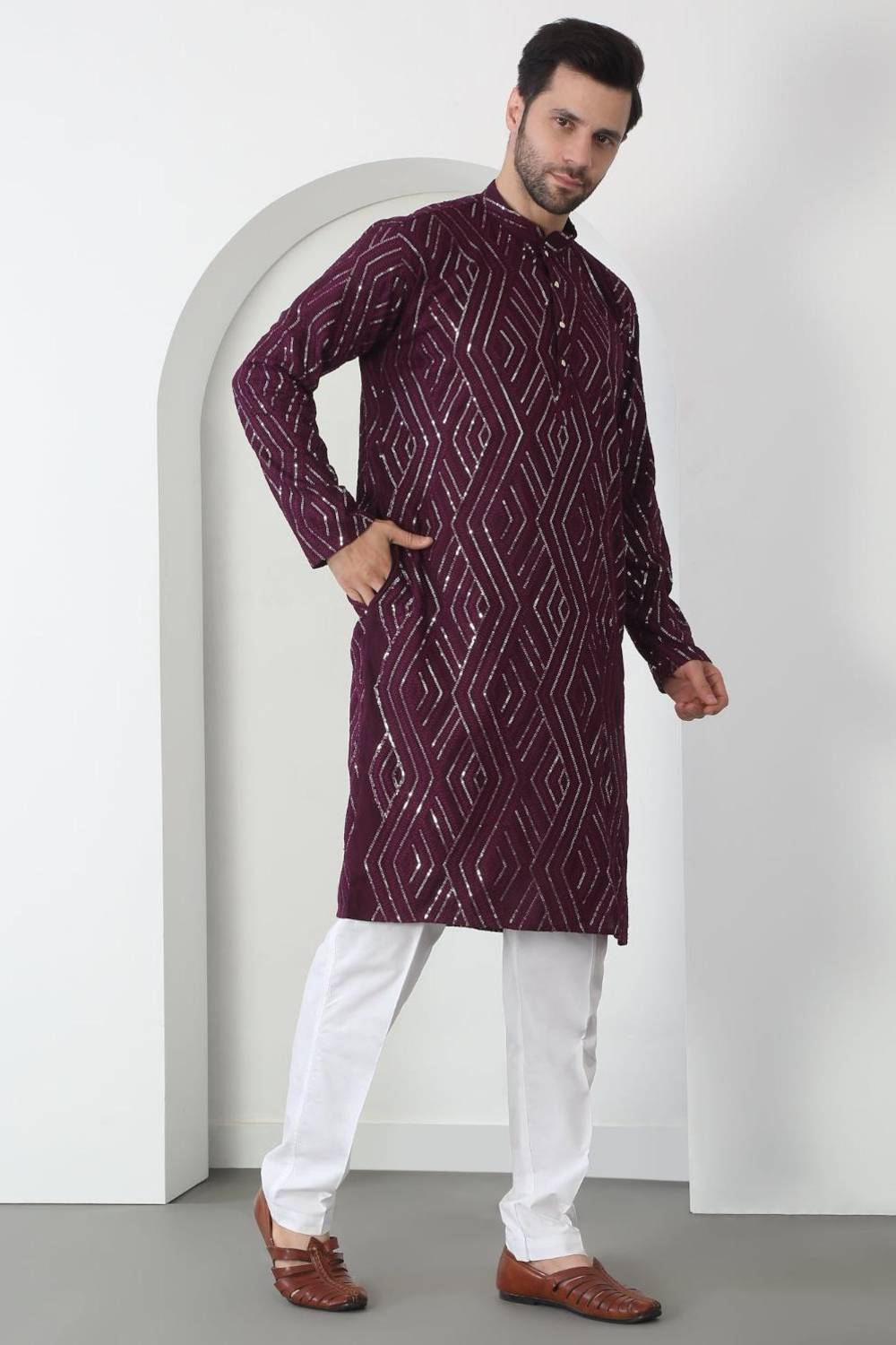 Chandra Barfi Wine  Cotton Embroidered Thread Barfi Kurta Set