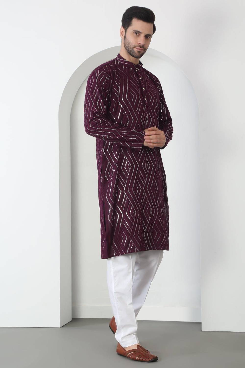 Chandra Barfi Wine  Cotton Embroidered Thread Barfi Kurta Set