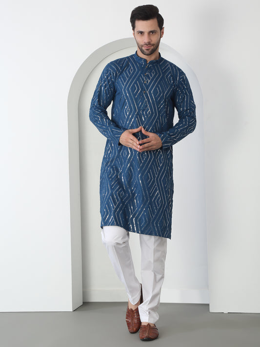 Chandra Barfi Blue Cotton Embroidered Thread Barfi Kurta Set