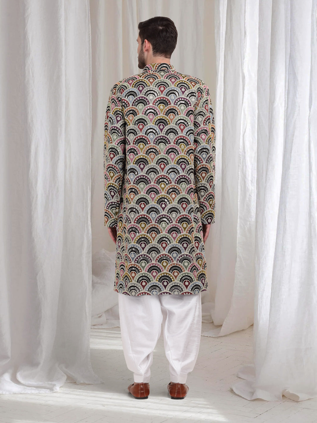 Chandravali Multi Color Scallop FloralKurta With Patiala - Black