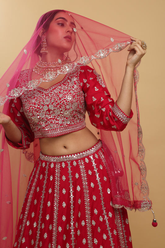 Humsa Embroidered Sequin And Zari Work Bridal Lehenga Set