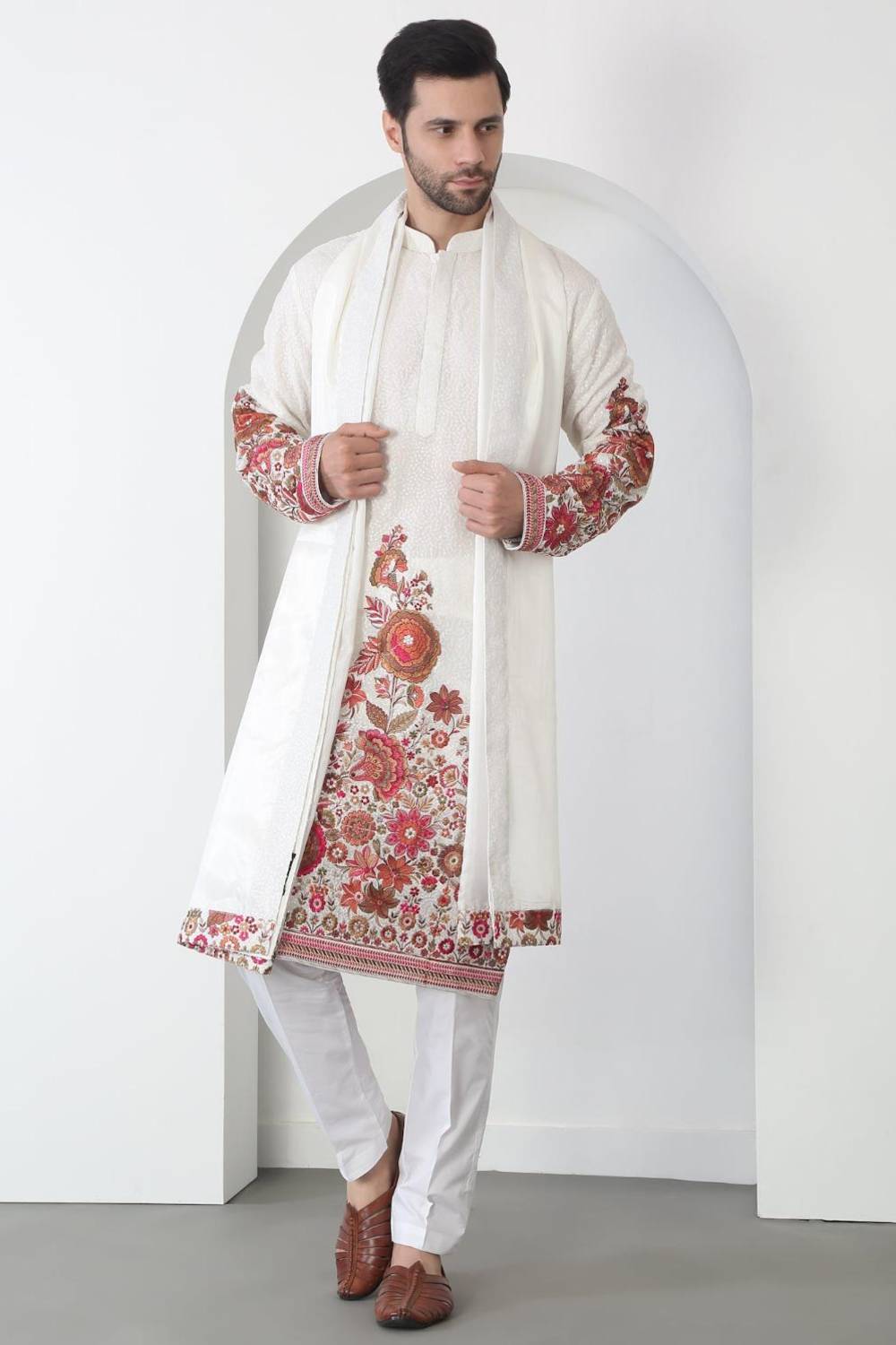 Kalki White Cotton Embroidered Floral Thread Kurta Set