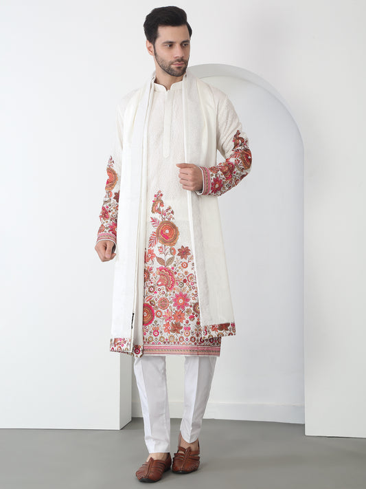 Kalki White Cotton Embroidered Floral Thread Kurta Set